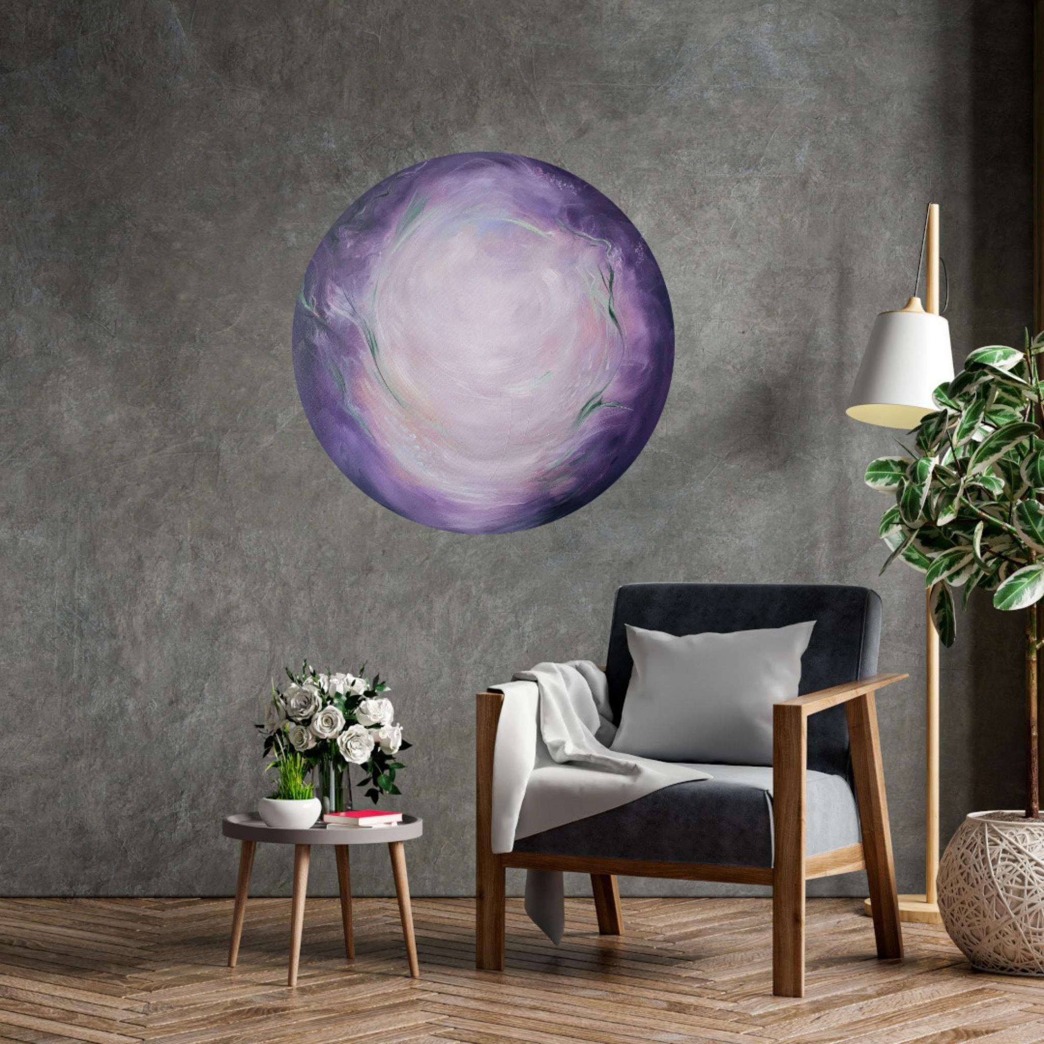 Mondblume - Ätherisches lila-grünes abstraktes rundes Mondgemälde im Angebot 9