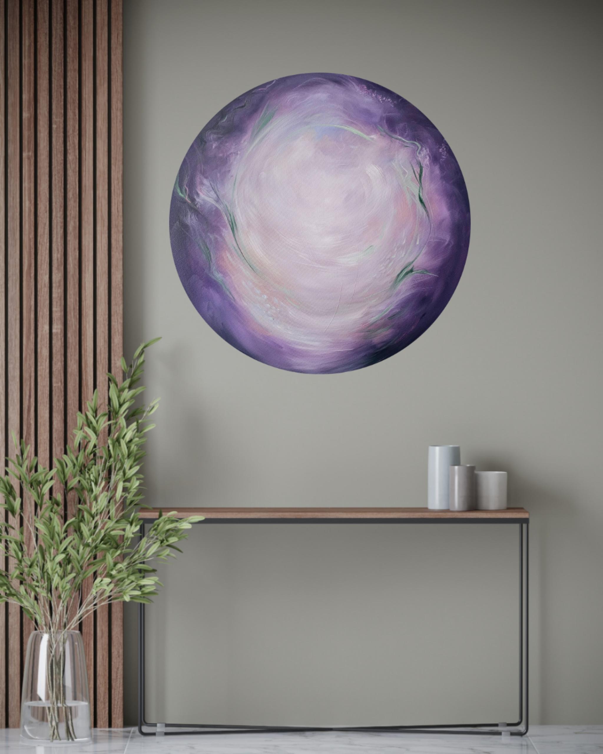 Mondblume - Ätherisches lila-grünes abstraktes rundes Mondgemälde im Angebot 14