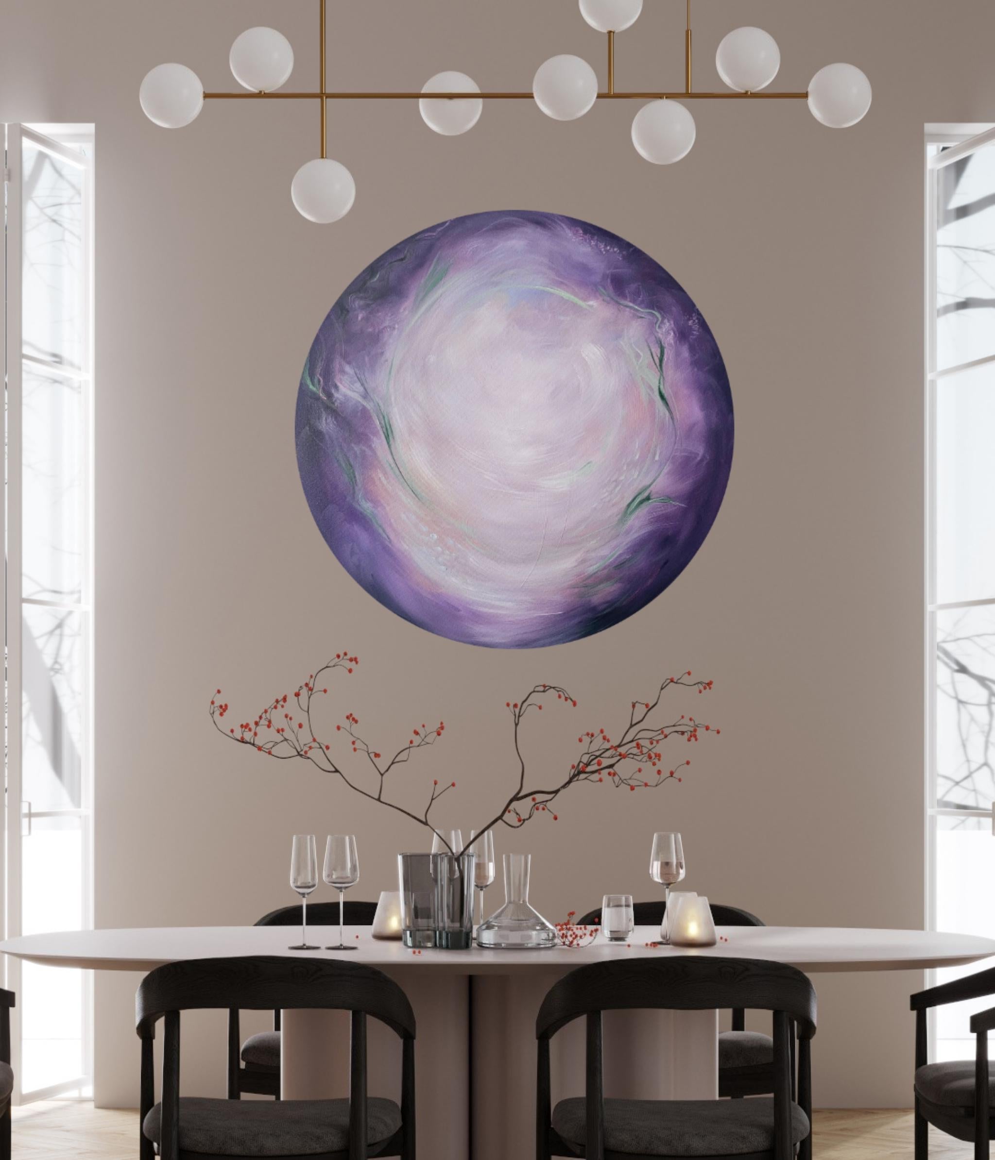 Mondblume - Ätherisches lila-grünes abstraktes rundes Mondgemälde – Painting von Jennifer L. Baker