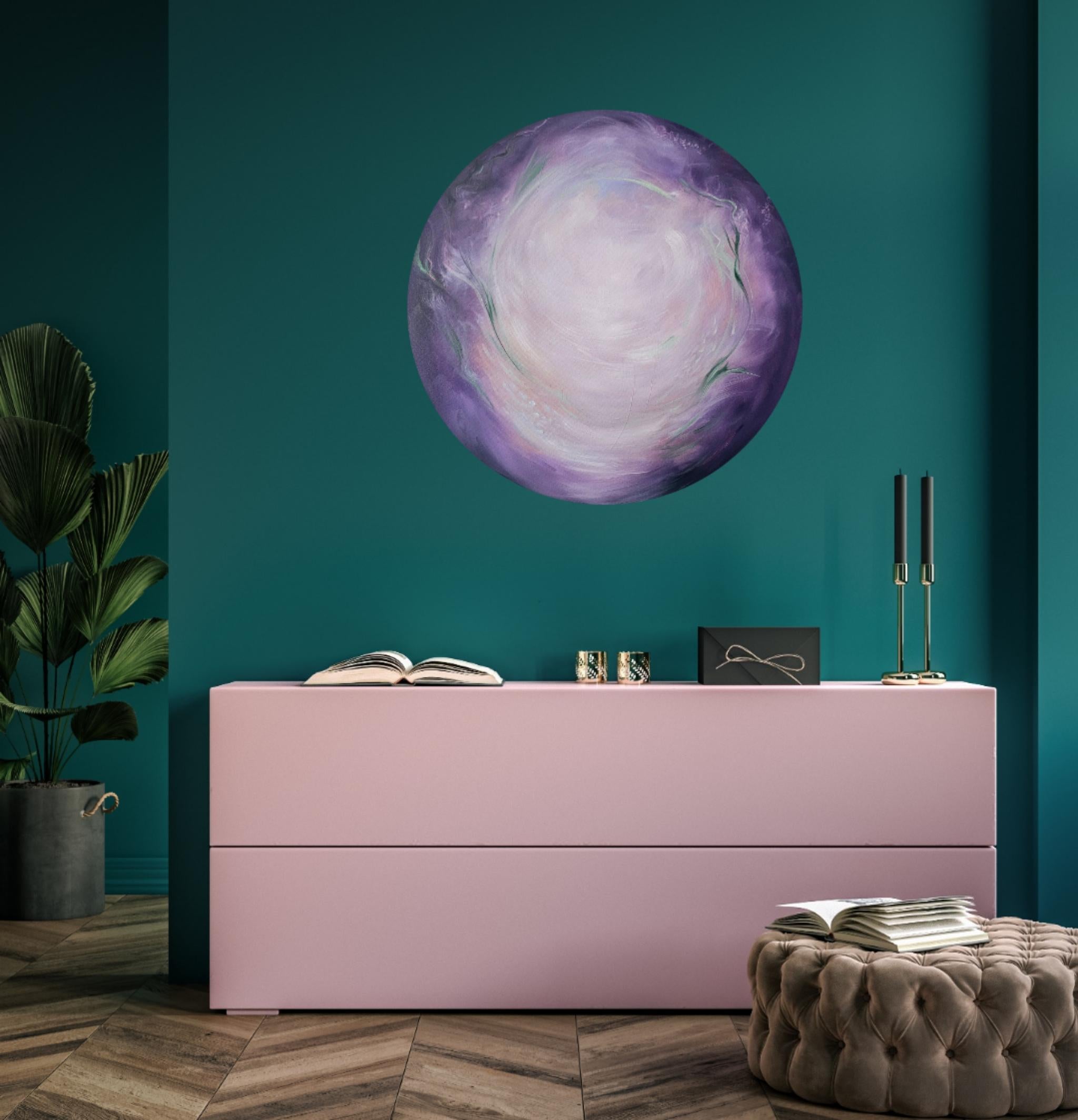 Mondblume - Ätherisches lila-grünes abstraktes rundes Mondgemälde (Zeitgenössisch), Painting, von Jennifer L. Baker