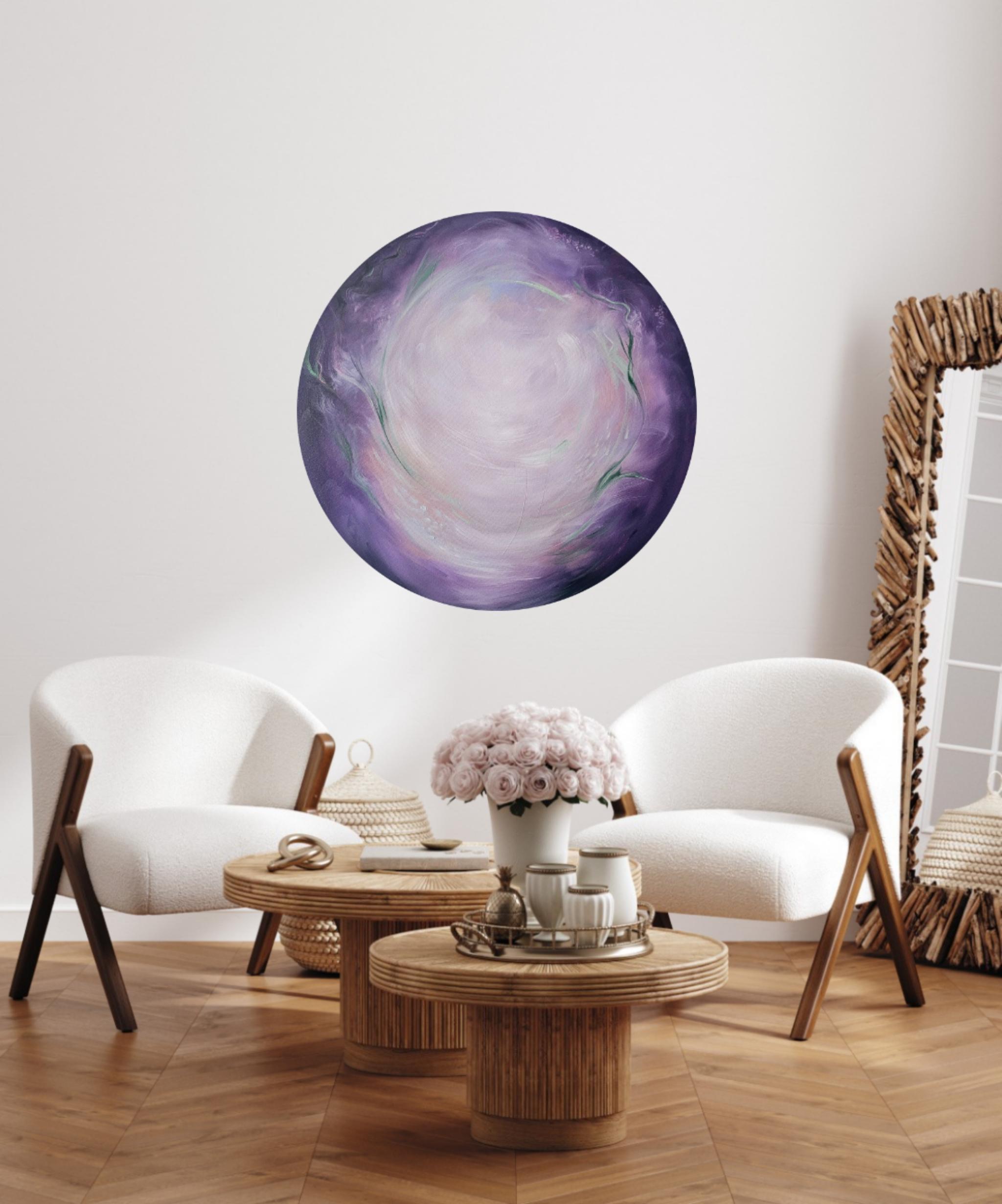 Mondblume - Ätherisches lila-grünes abstraktes rundes Mondgemälde im Angebot 1
