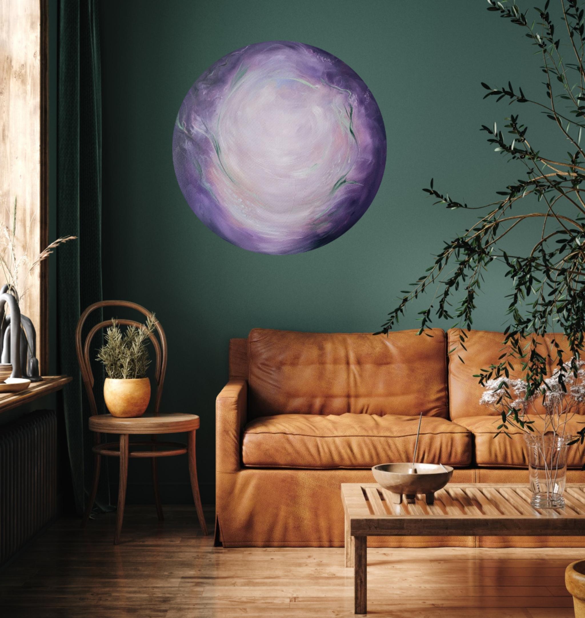 Mondblume - Ätherisches lila-grünes abstraktes rundes Mondgemälde im Angebot 4