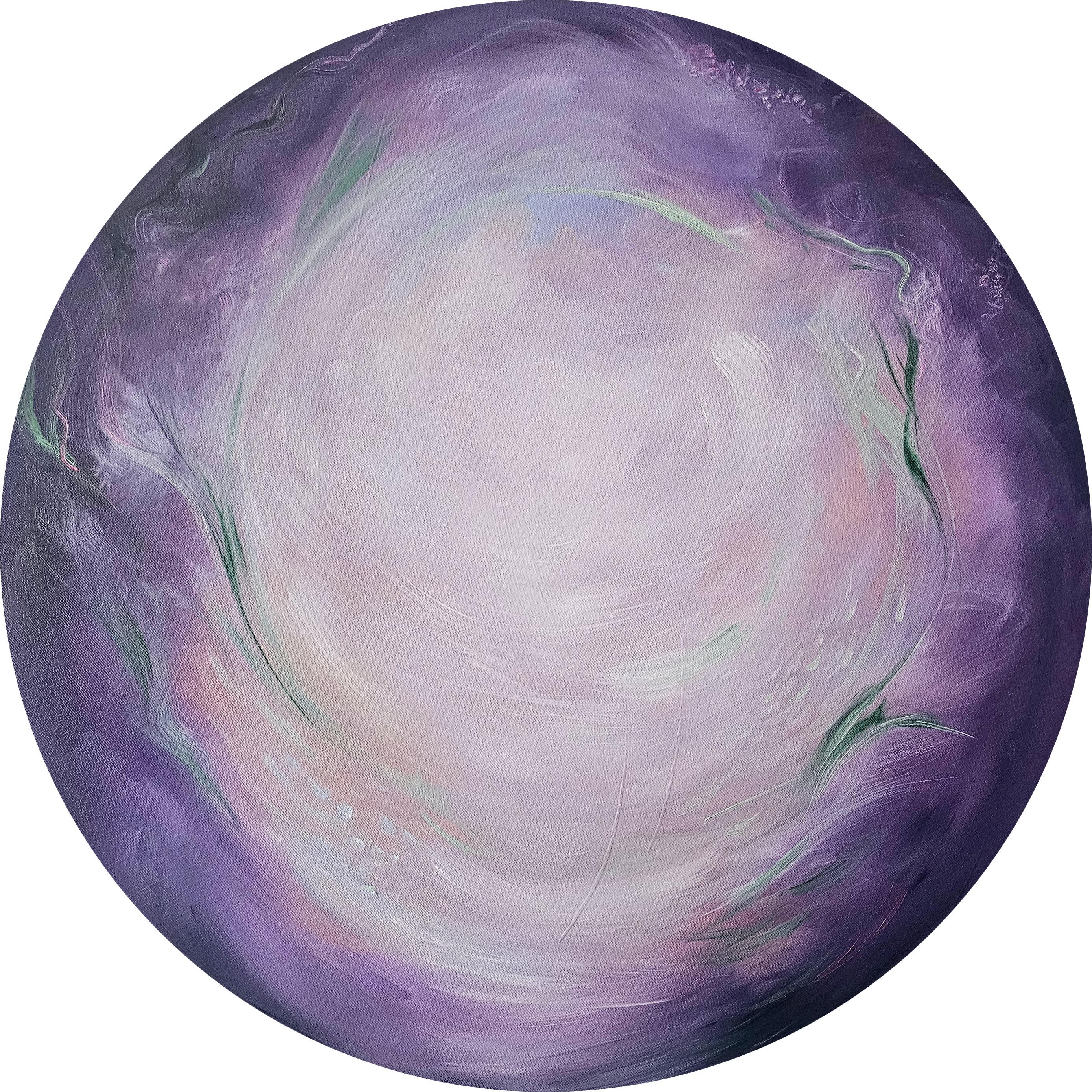 Jennifer L. Baker Abstract Painting – Mondblume - Ätherisches lila-grünes abstraktes rundes Mondgemälde