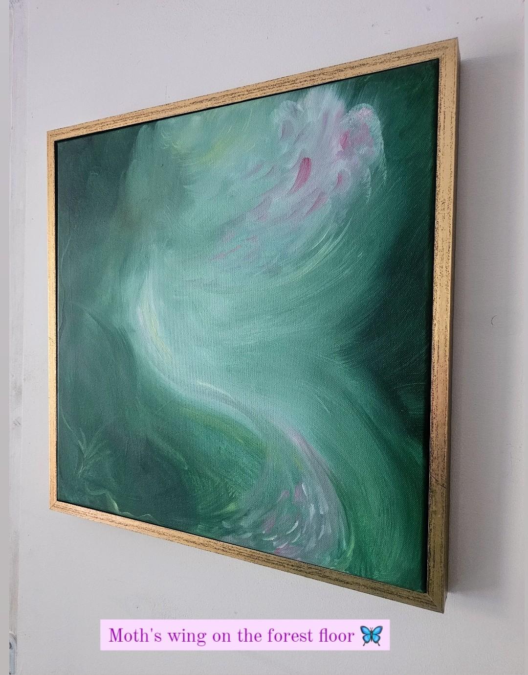 Moth's wing on the forest floor - framed green abstract expressionist painting - Abstract Expressionist Painting by Jennifer L. Baker
