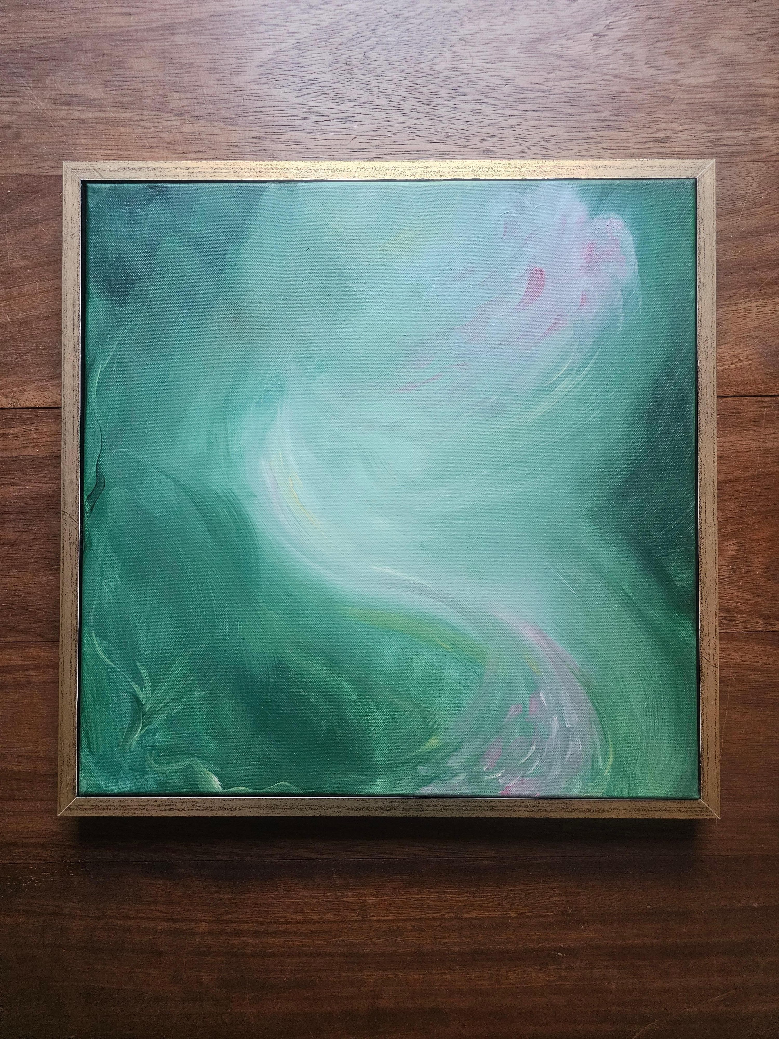 Moths Flügel auf dem Waldboden – gerahmtes grünes abstraktes expressionistisches Gemälde (Grün), Abstract Painting, von Jennifer L. Baker