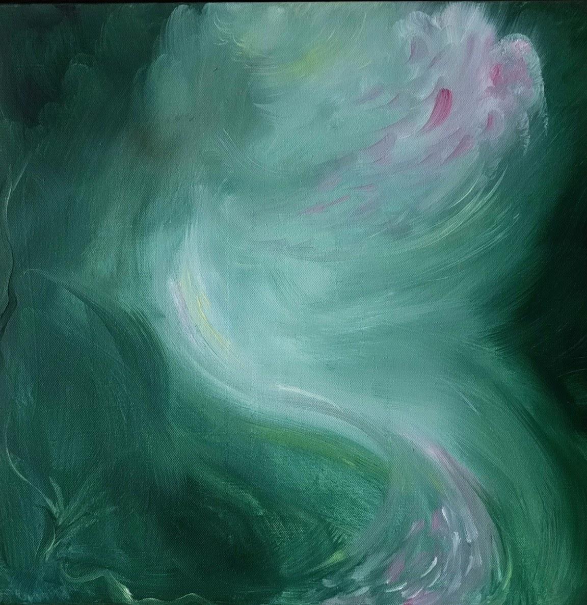 Jennifer L. Baker Abstract Painting – Moths Flügel auf dem Waldboden – gerahmtes grünes abstraktes expressionistisches Gemälde