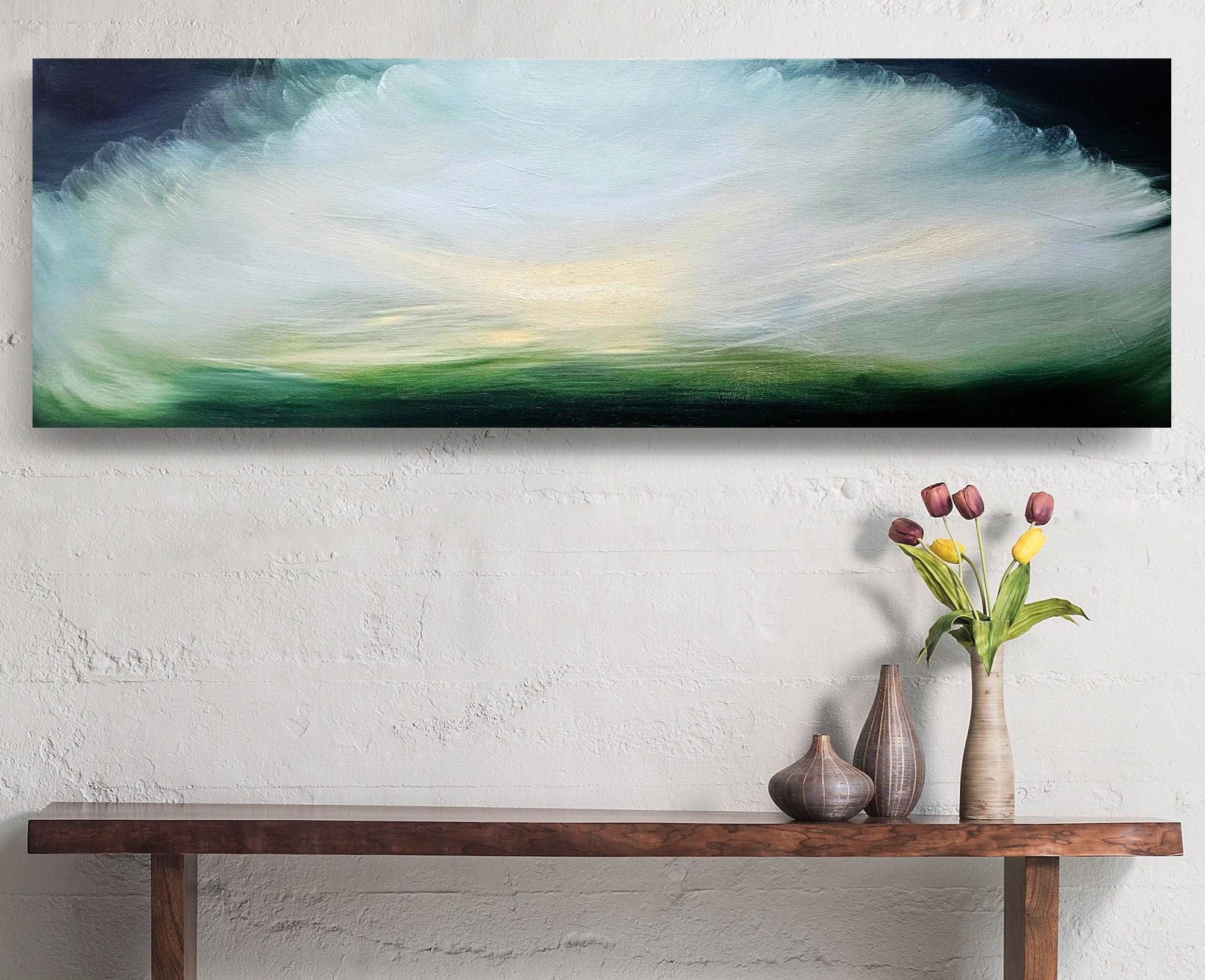 My Life as a Bird - Dreamy green abstract landscape sky painting - Gray Landscape Painting by Jennifer L. Baker