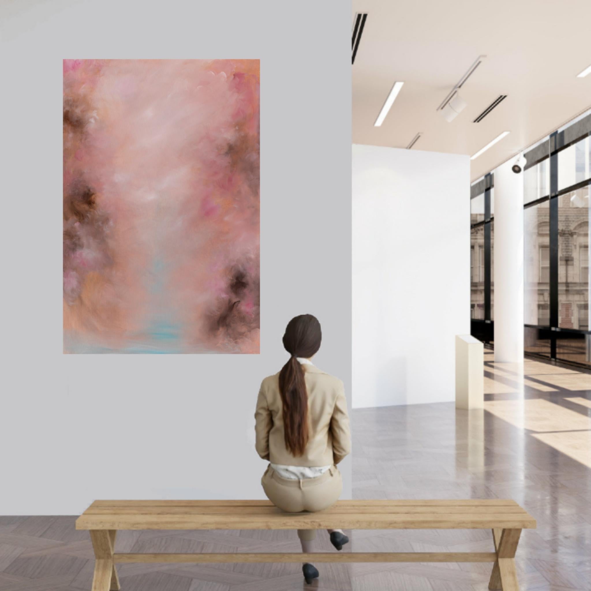 I miei pensieri tornano a te: un quadro astratto rosa caldo e oro in vendita 6