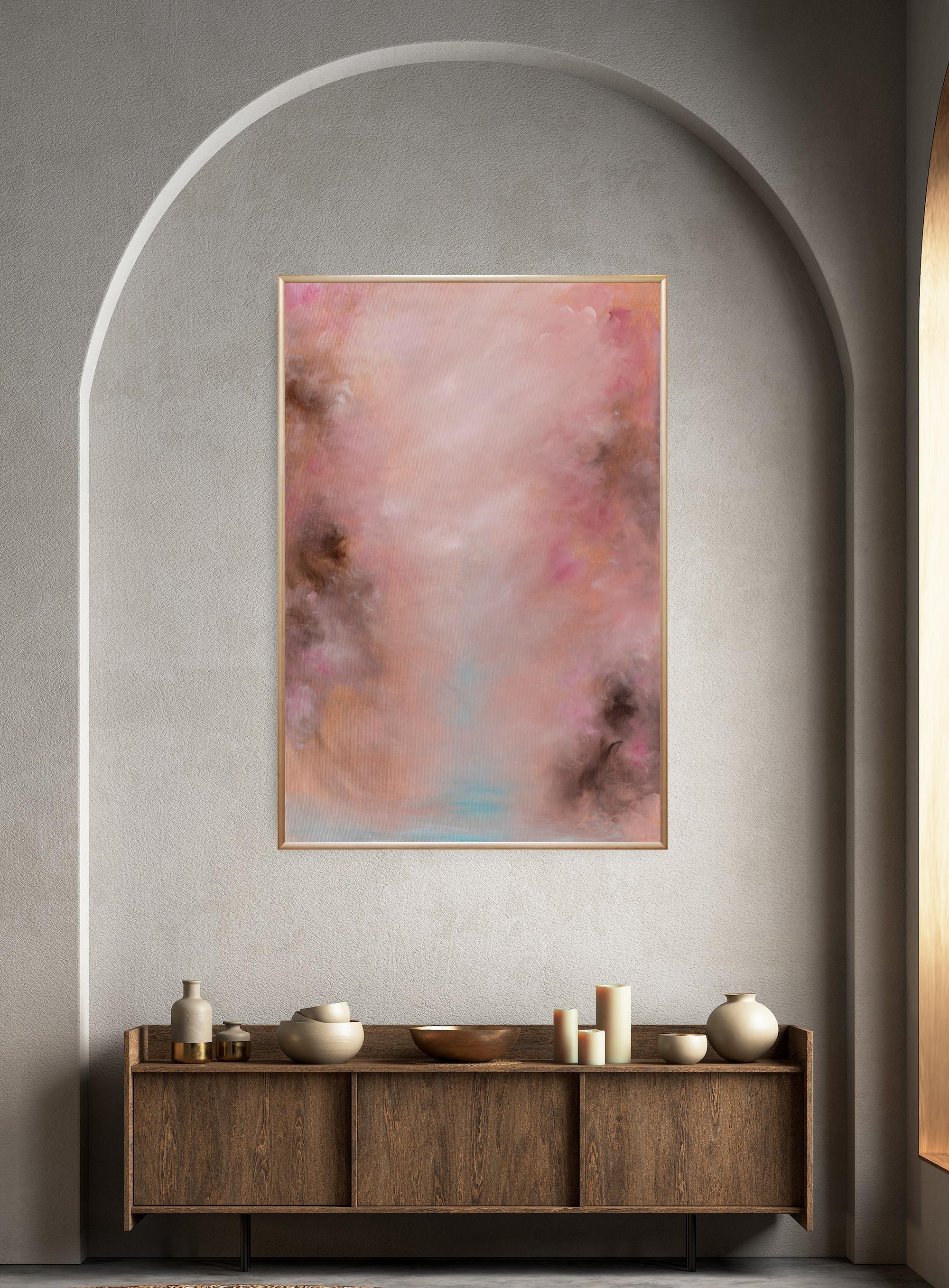 I miei pensieri tornano a te: un quadro astratto rosa caldo e oro in vendita 7