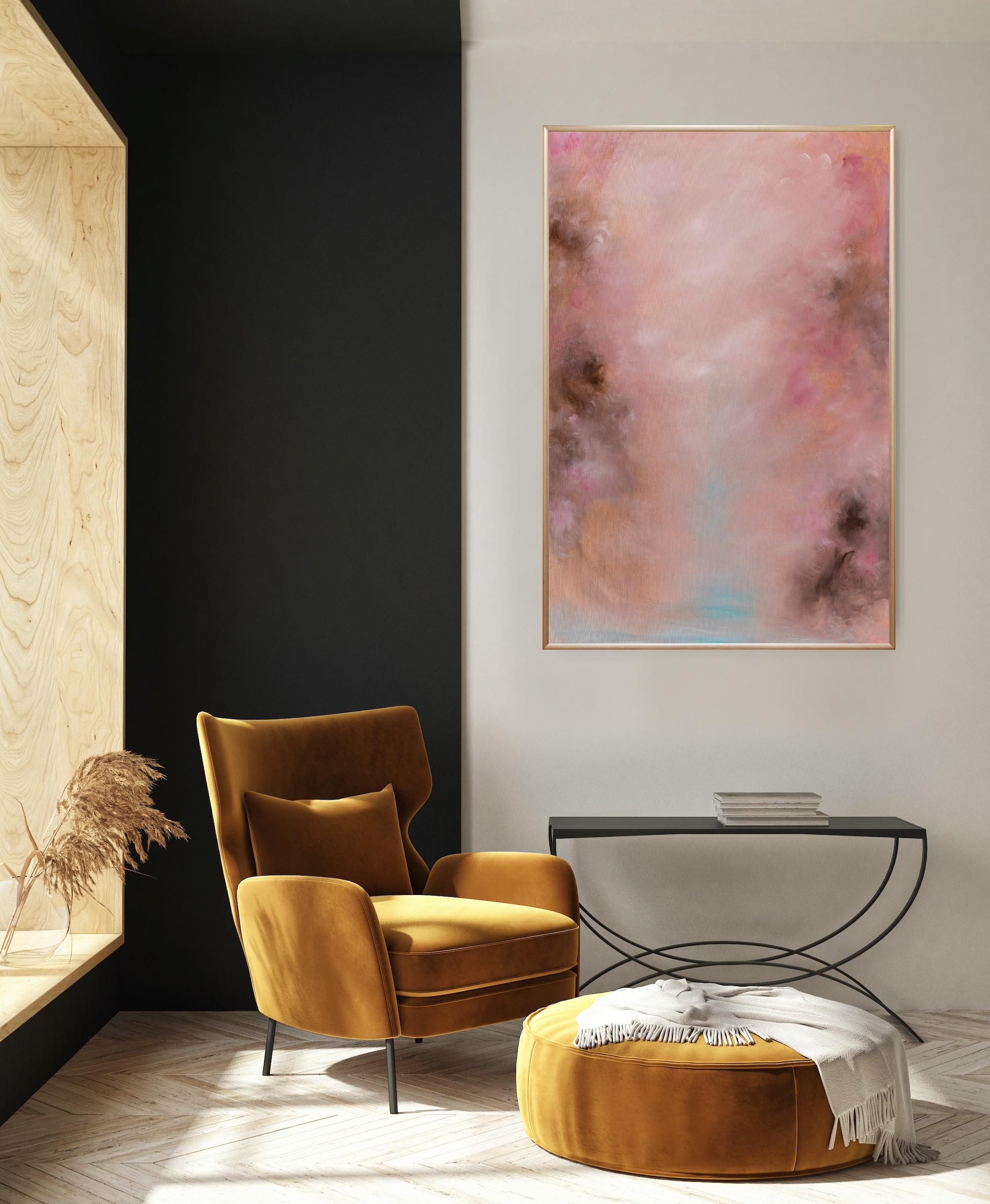 I miei pensieri tornano a te: un quadro astratto rosa caldo e oro - Painting Contemporaneo di Jennifer L. Baker