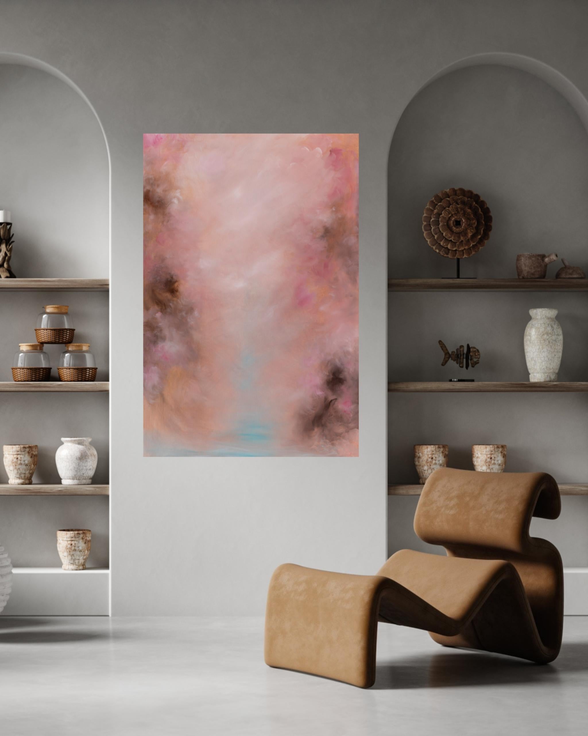 I miei pensieri tornano a te: un quadro astratto rosa caldo e oro - Abstract Painting Marrone di Jennifer L. Baker