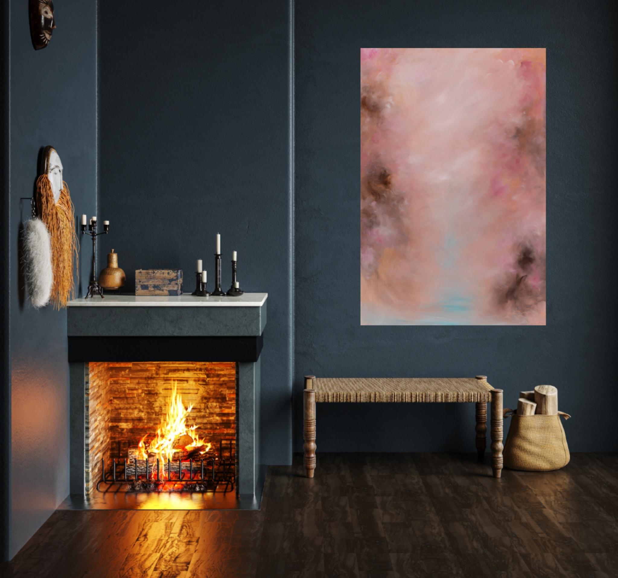 I miei pensieri tornano a te: un quadro astratto rosa caldo e oro in vendita 2