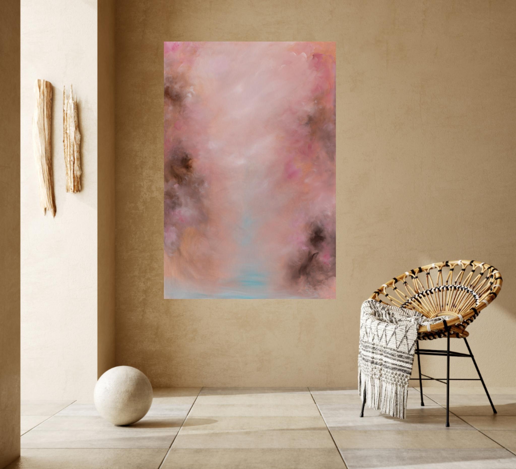 I miei pensieri tornano a te: un quadro astratto rosa caldo e oro in vendita 3