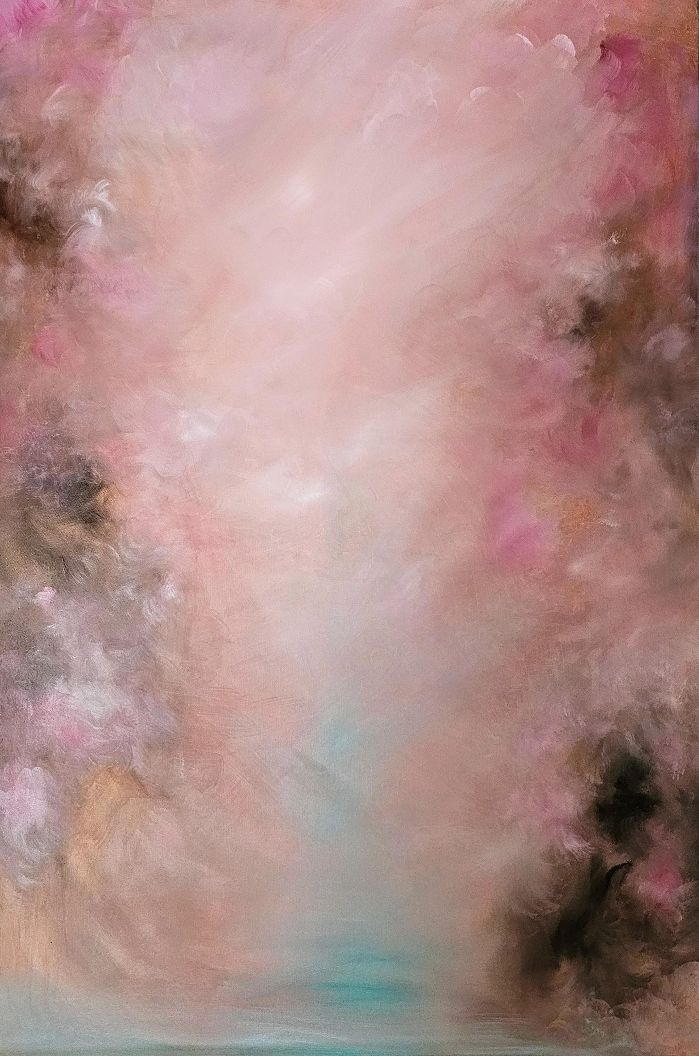 I miei pensieri tornano a te: un quadro astratto rosa caldo e oro - Painting di Jennifer L. Baker