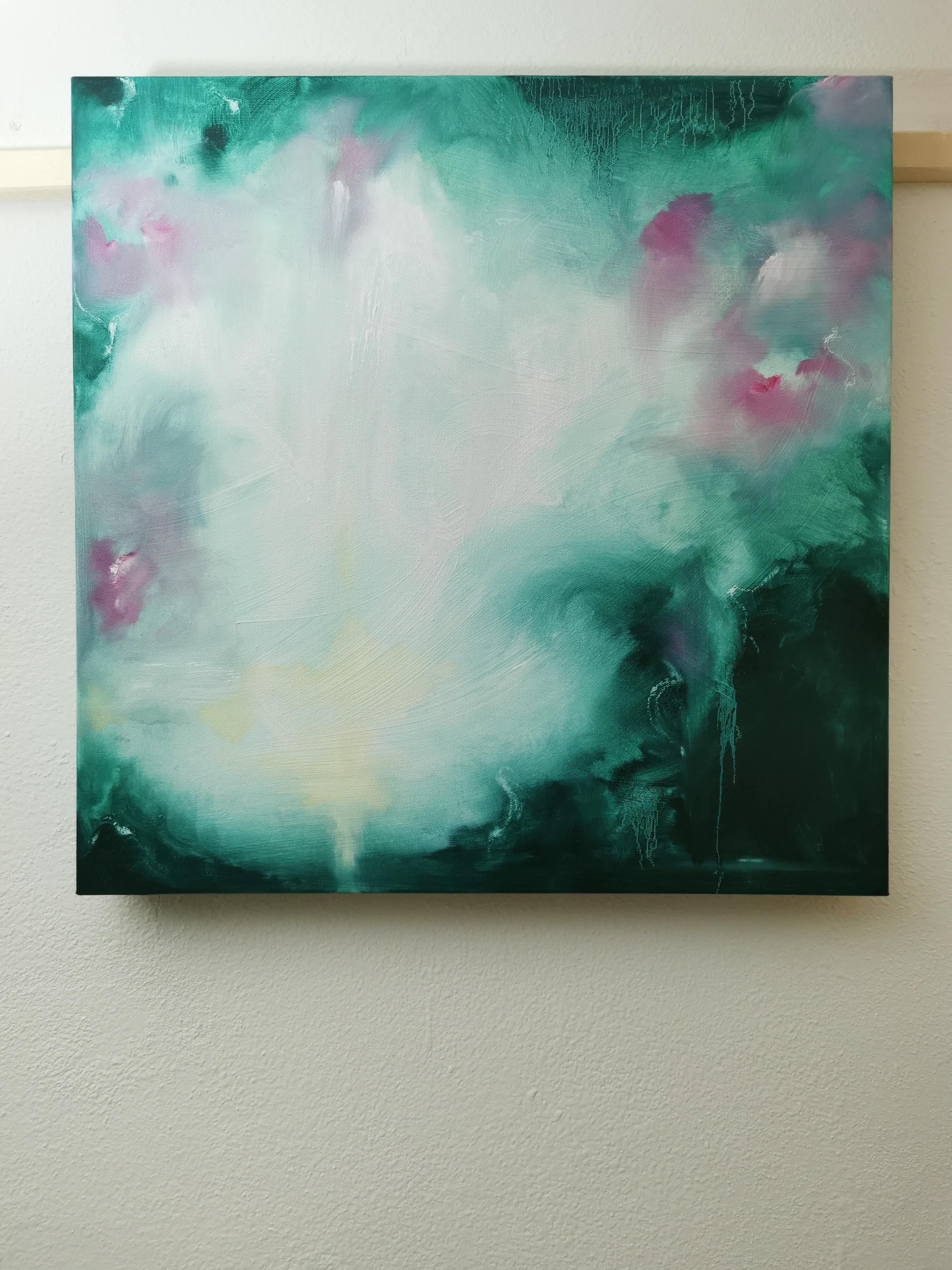 Nachtt blühendes Jasmine - Grünes und rosa abstraktes Blumengemälde – Painting von Jennifer L. Baker