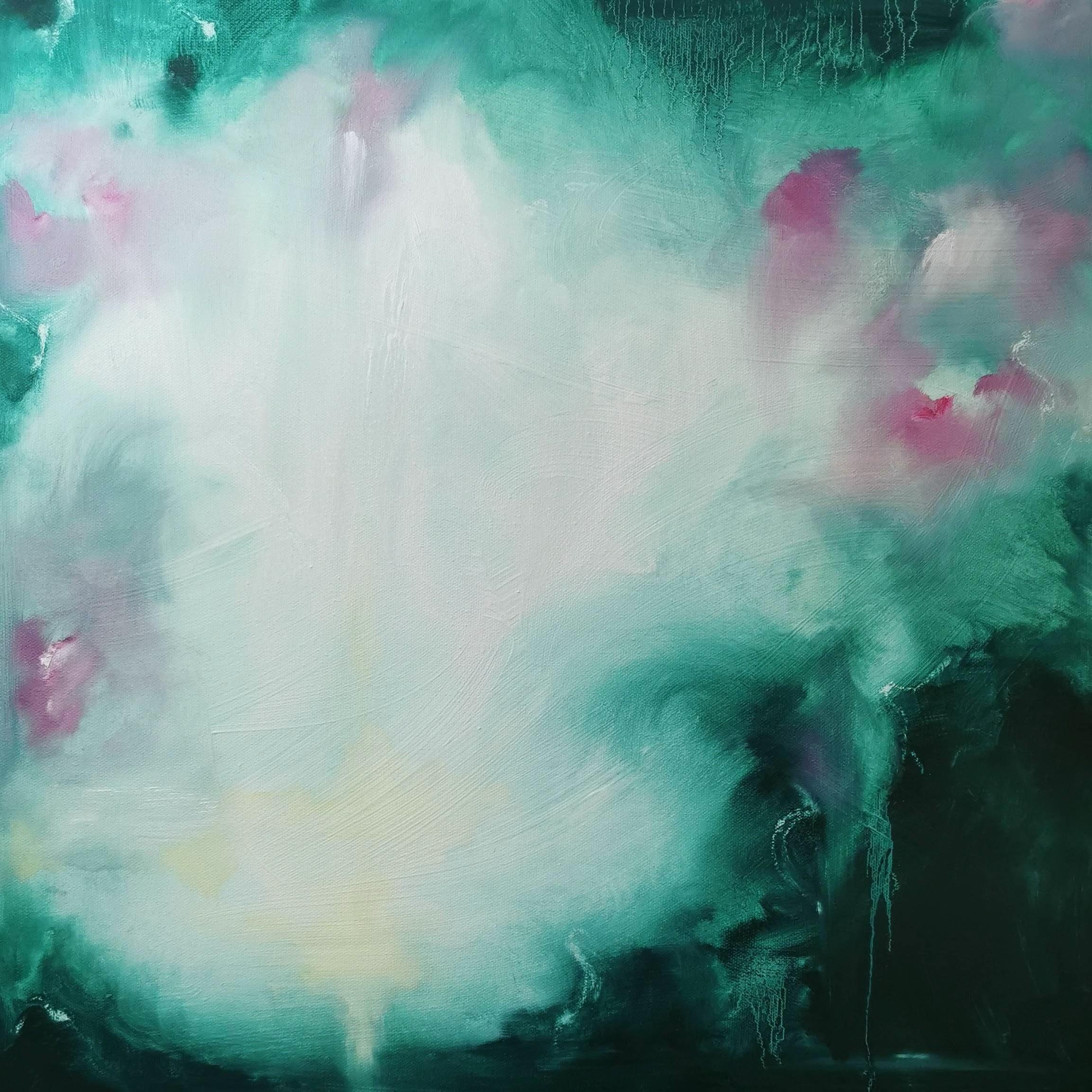 Jasmine de nuit - peinture florale abstraite verte et rose