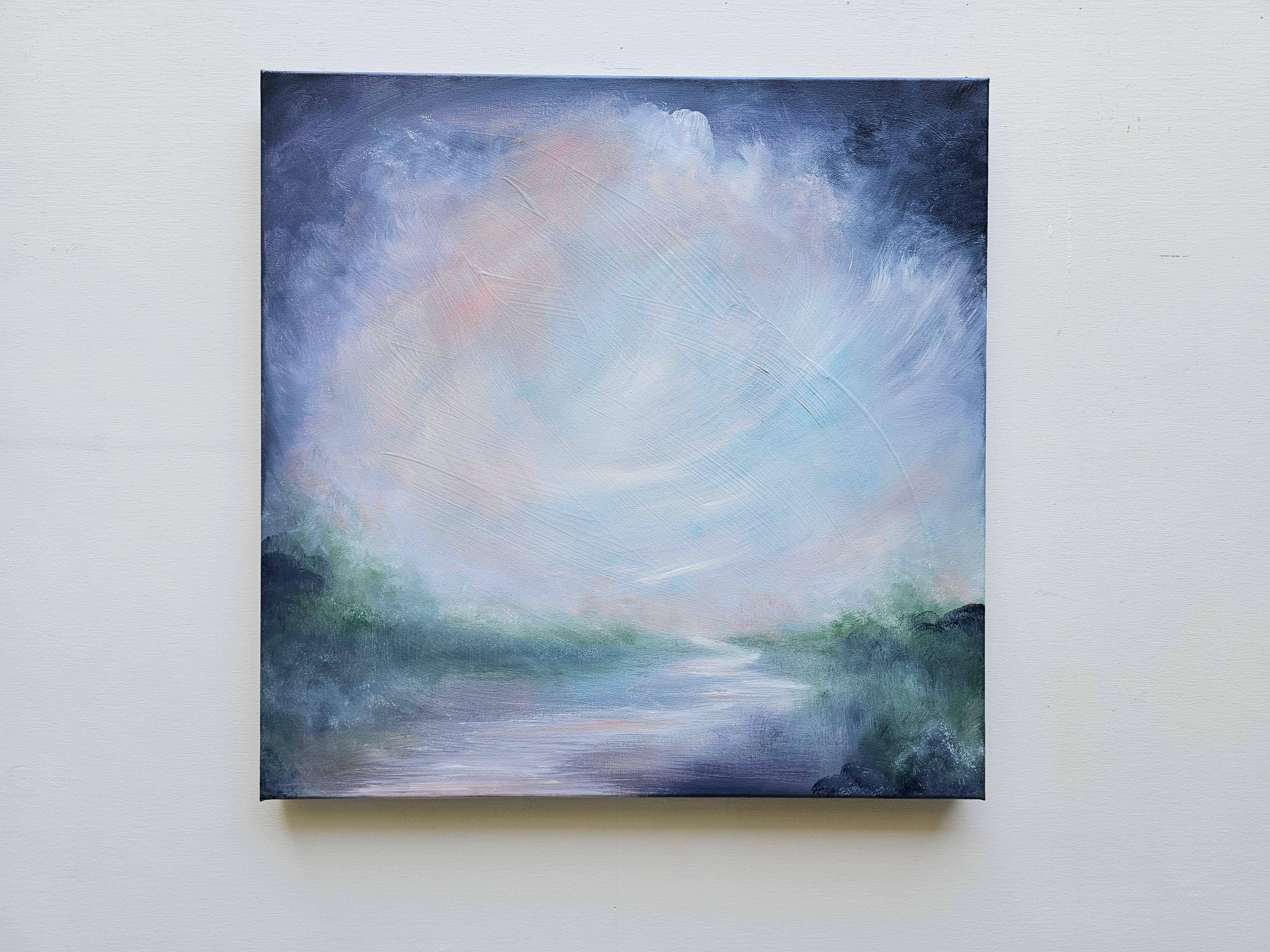 Nocturne - Soft abstract landscape river blue painting - Gray Abstract Painting by Jennifer L. Baker