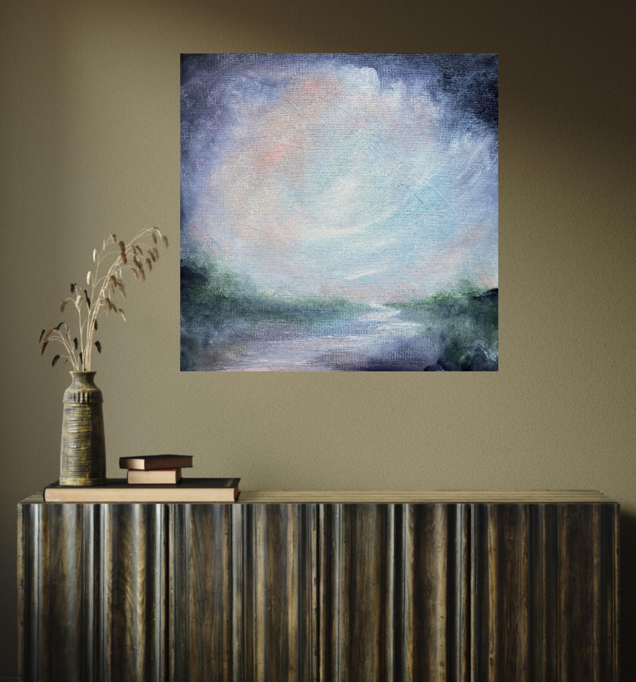 Nocturne - Soft abstract landscape river blue painting For Sale 7