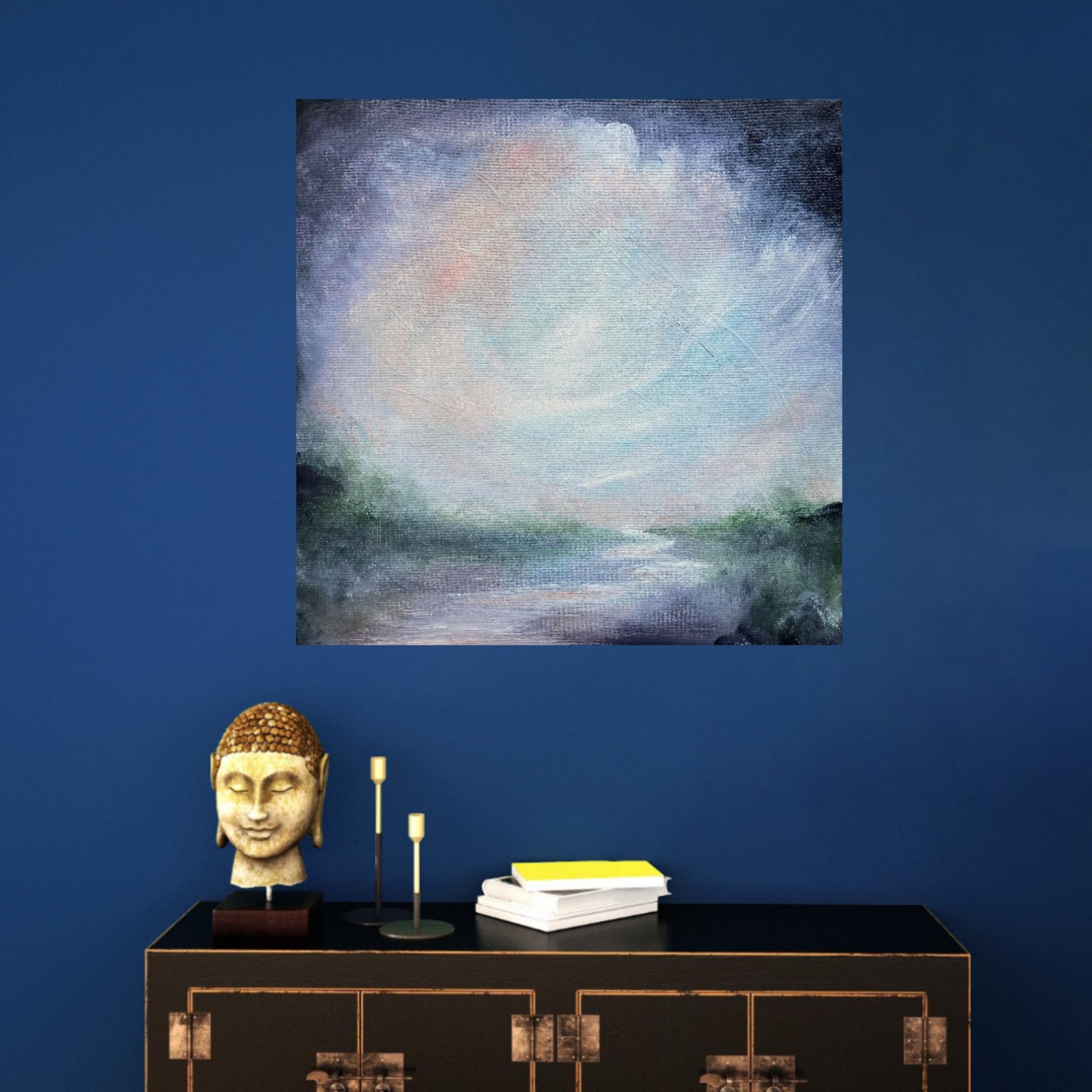 Notturno - Morbido paesaggio astratto di fiume dipinto in blu - Painting Contemporaneo di Jennifer L. Baker