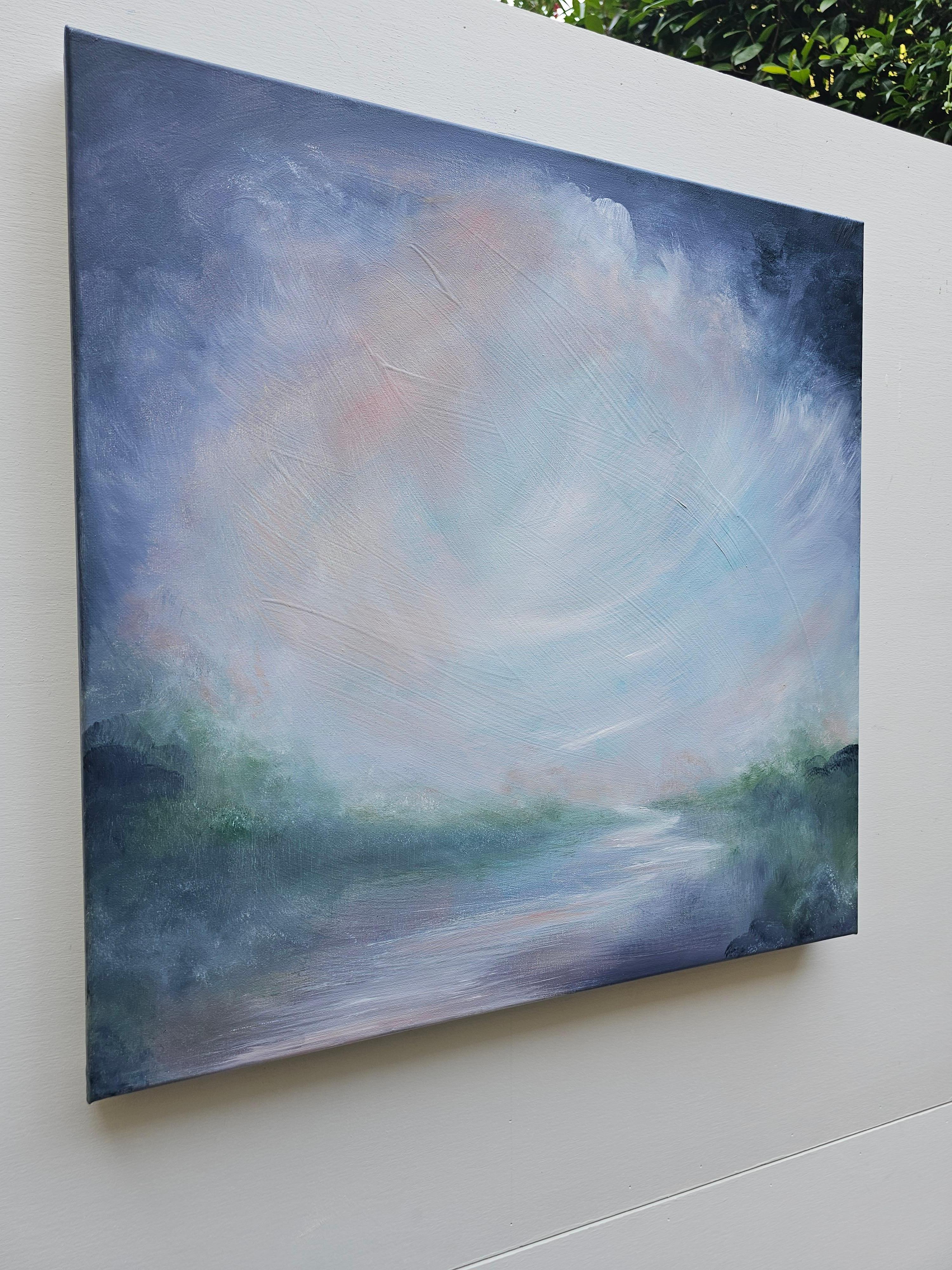 Nocturne - Soft abstract landscape river blue painting For Sale 5