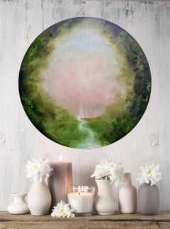 Otherworld - Dreamy round abstract river landscape painting in green and pink
