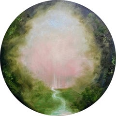 Otherworld - Dreamy round abstract river landscape painting in green and pink