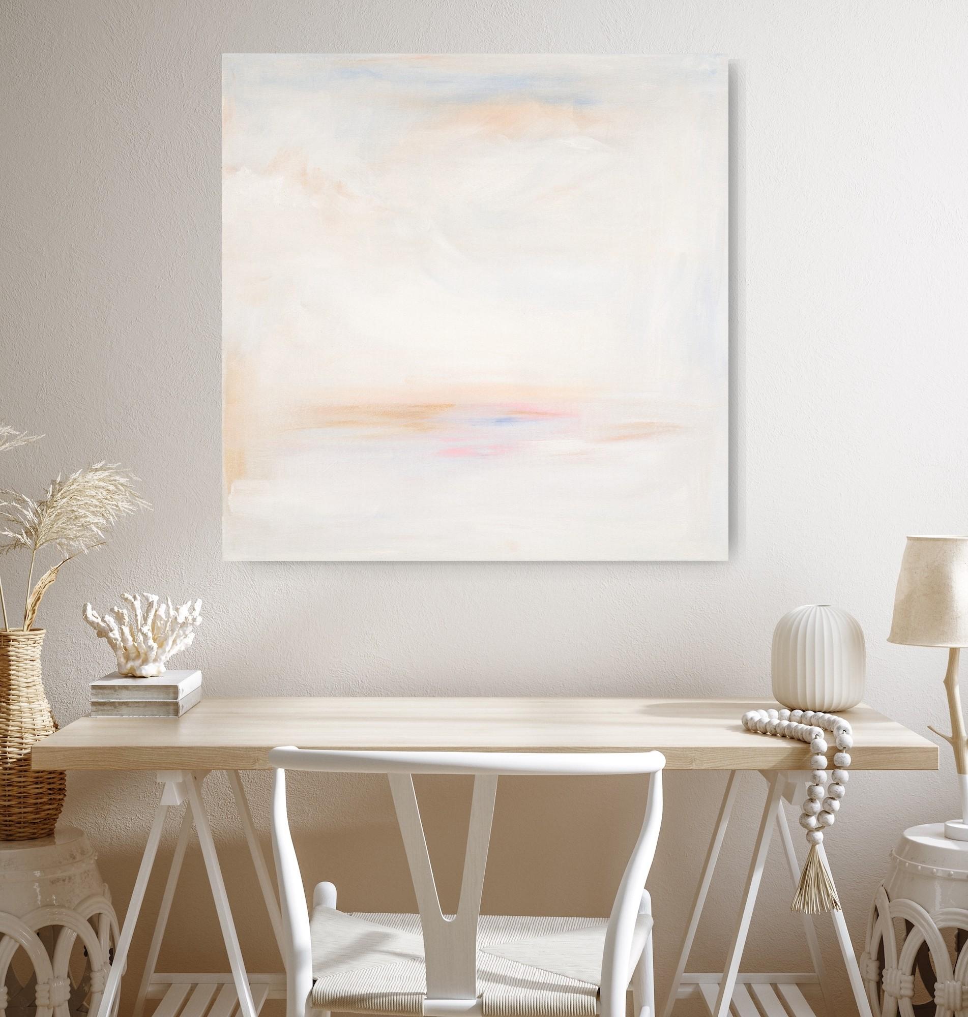 Pace - Quadro astratto di paesaggio sereno e pacifico in bianco - Painting Astratto di Jennifer L. Baker