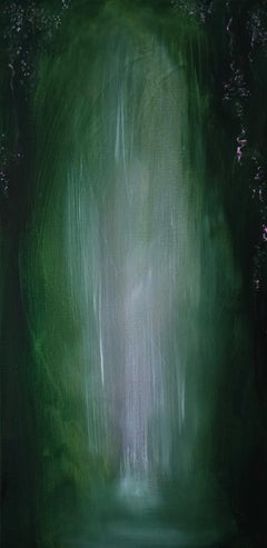 Pink petals so ephemeral - Green and pink abstract landscape forest painting