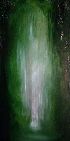 Pink petals so ephemeral - Green and pink abstract landscape forest painting
