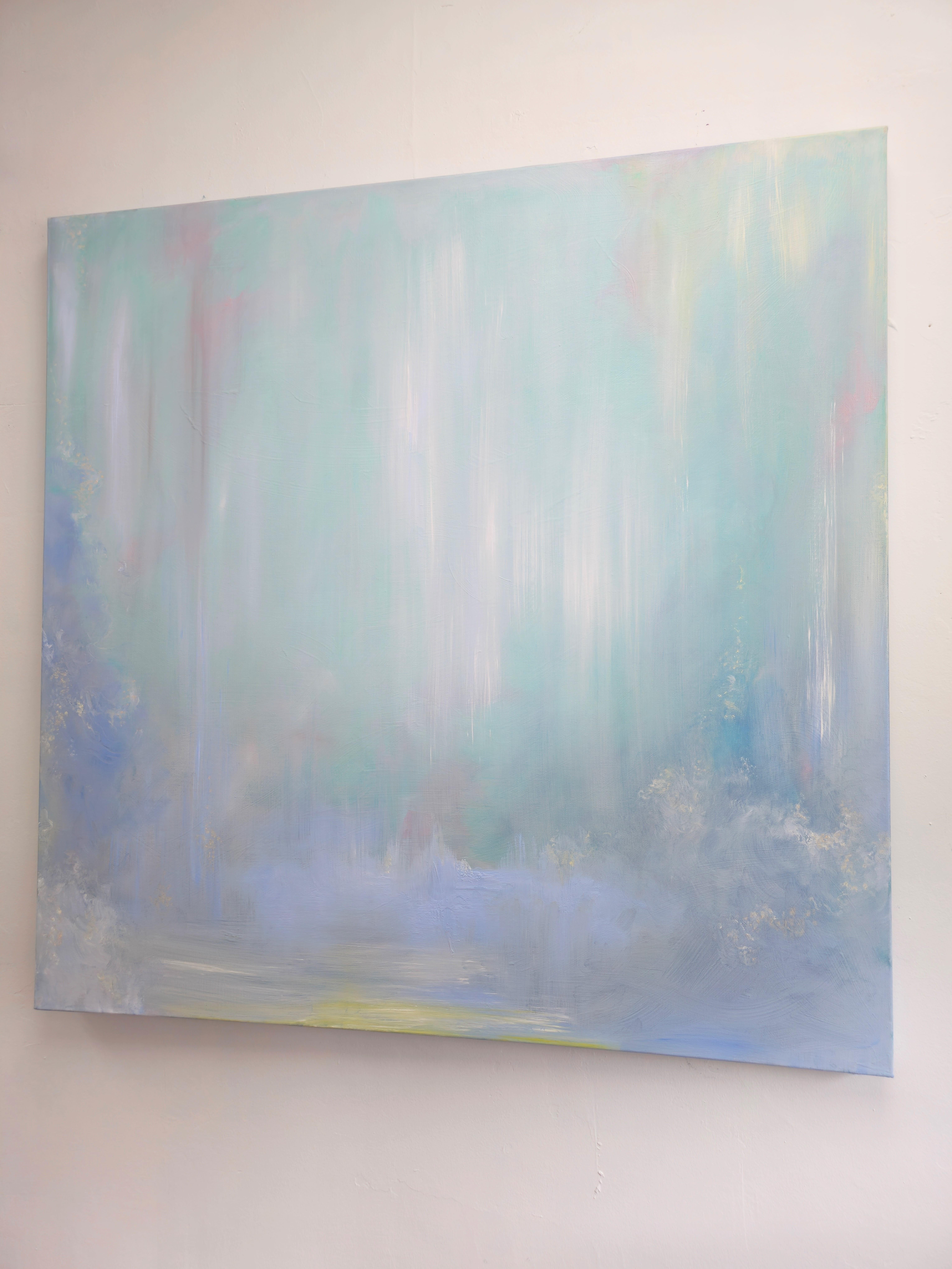 Lluvia sobre el agua - Paisaje acuático abstracto azul claro de ensueño en venta 5