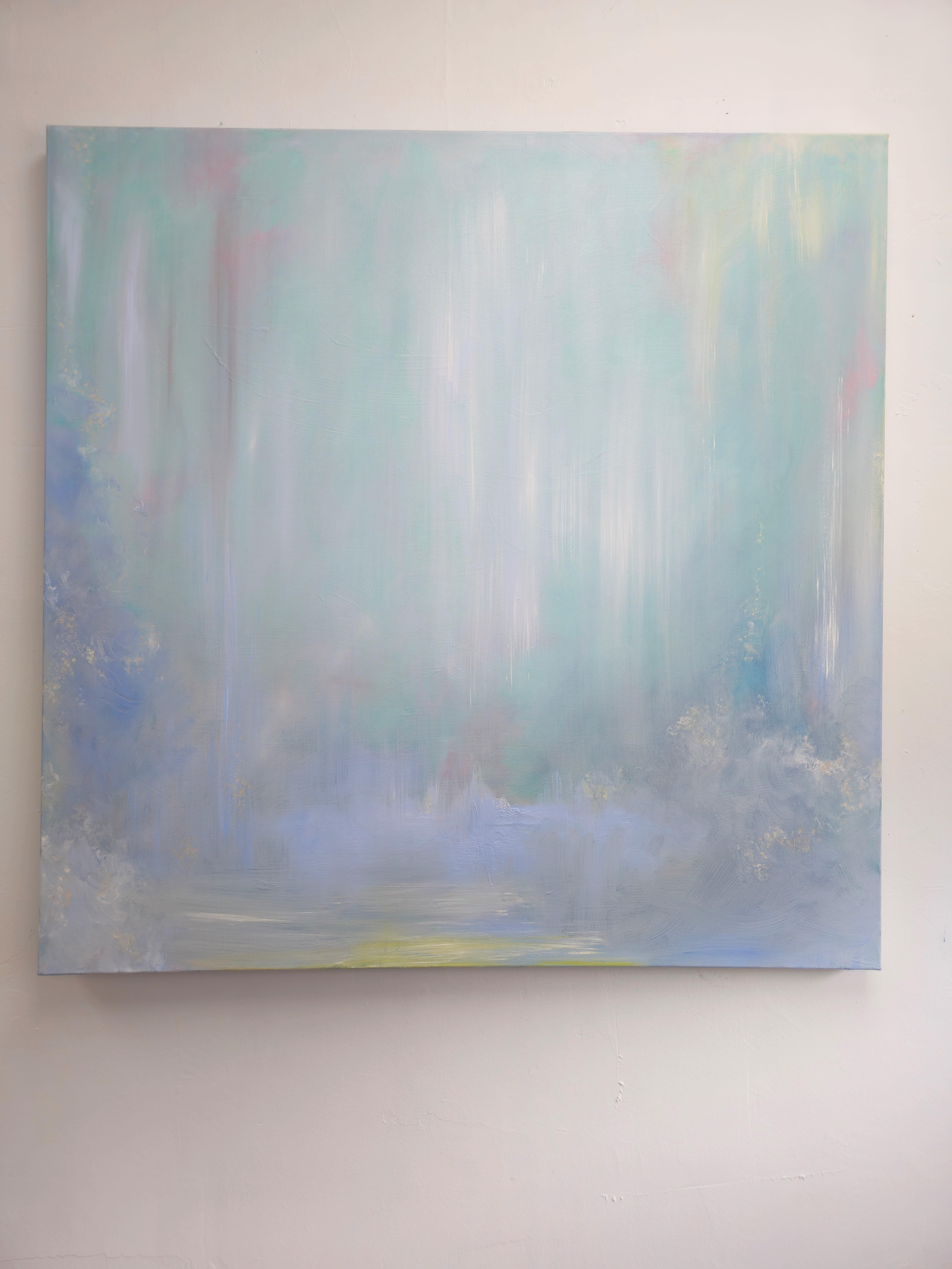 Lluvia sobre el agua - Paisaje acuático abstracto azul claro de ensueño en venta 6
