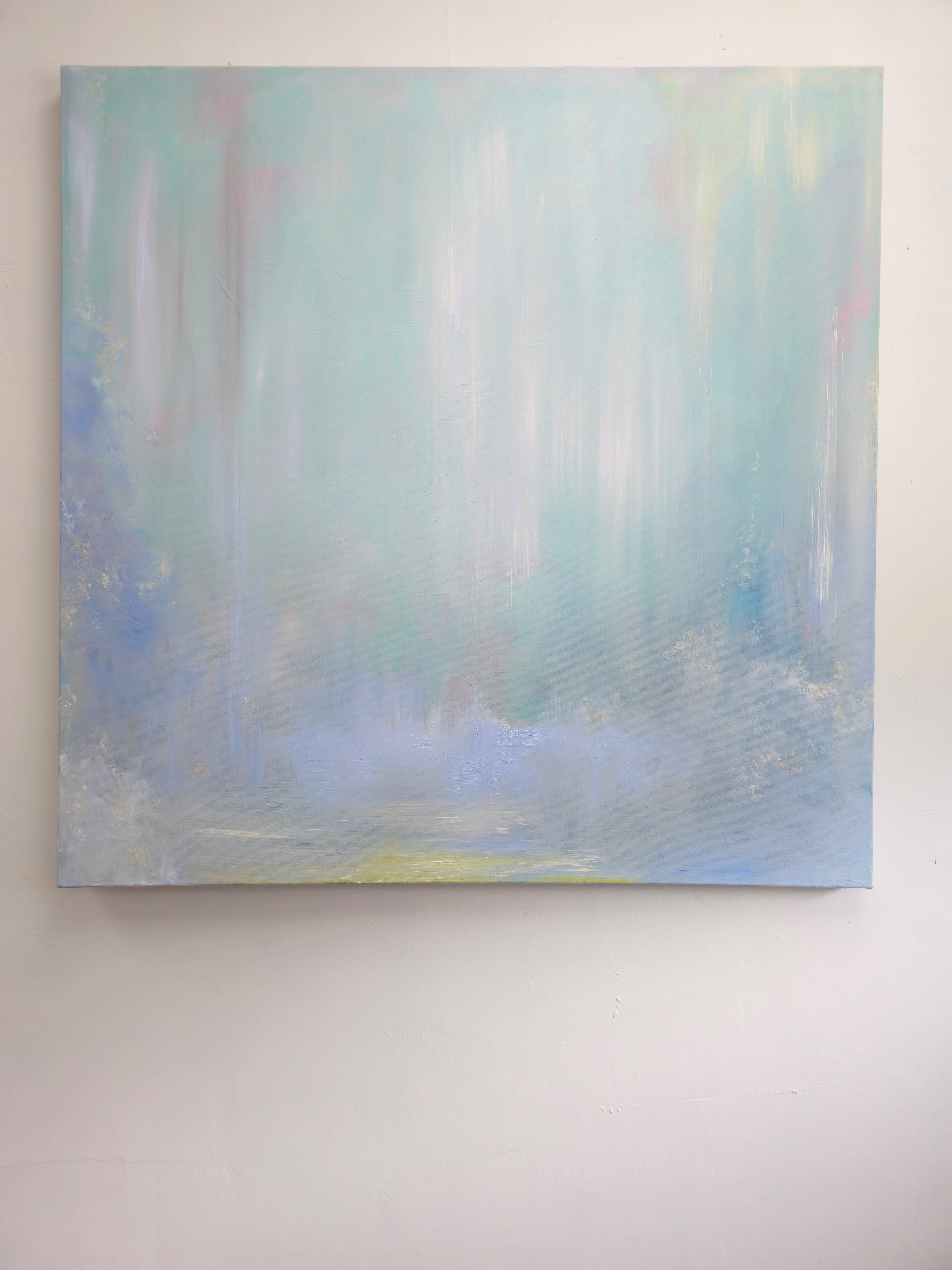 Lluvia sobre el agua - Paisaje acuático abstracto azul claro de ensueño en venta 9