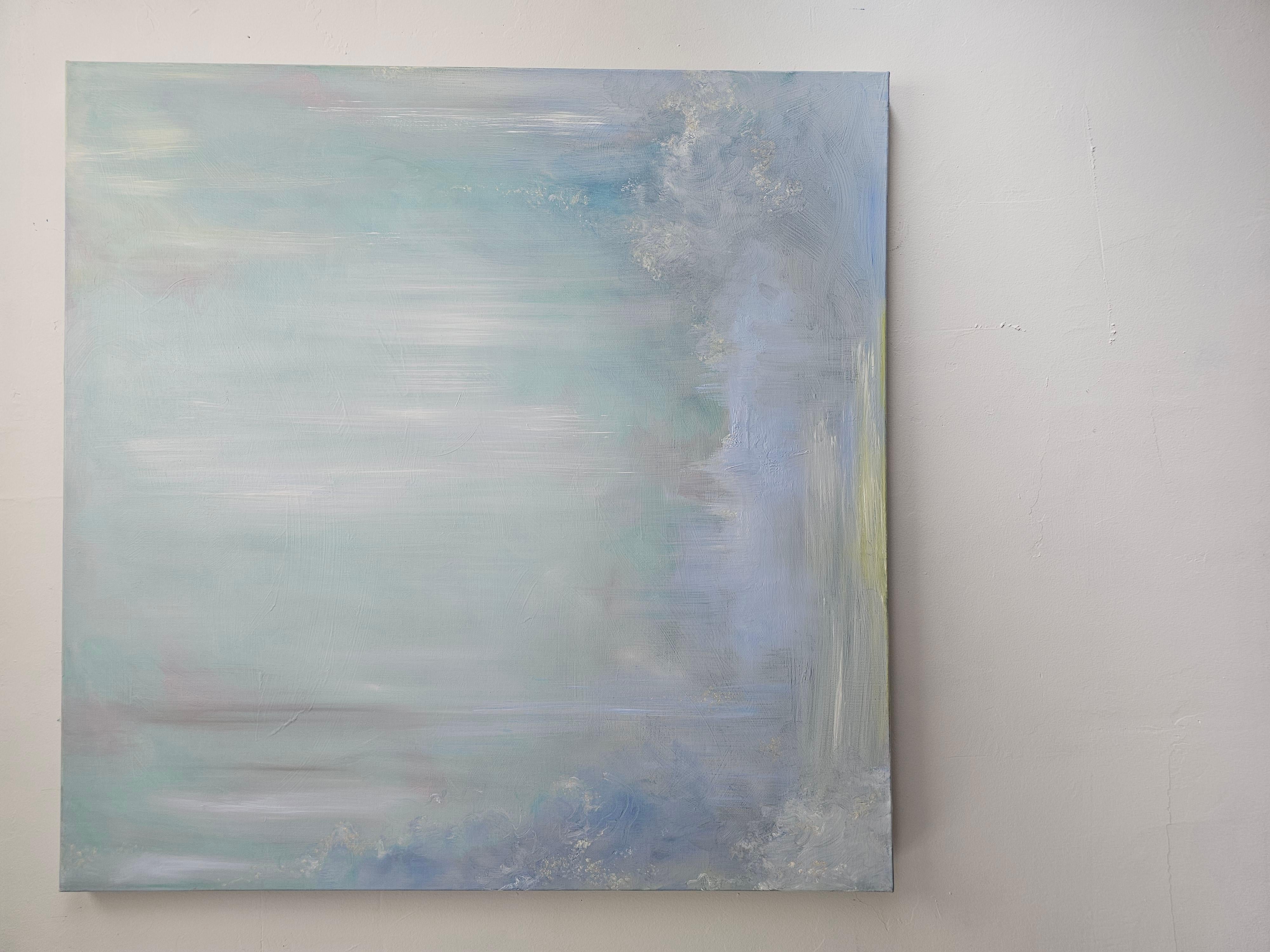 Lluvia sobre el agua - Paisaje acuático abstracto azul claro de ensueño en venta 11