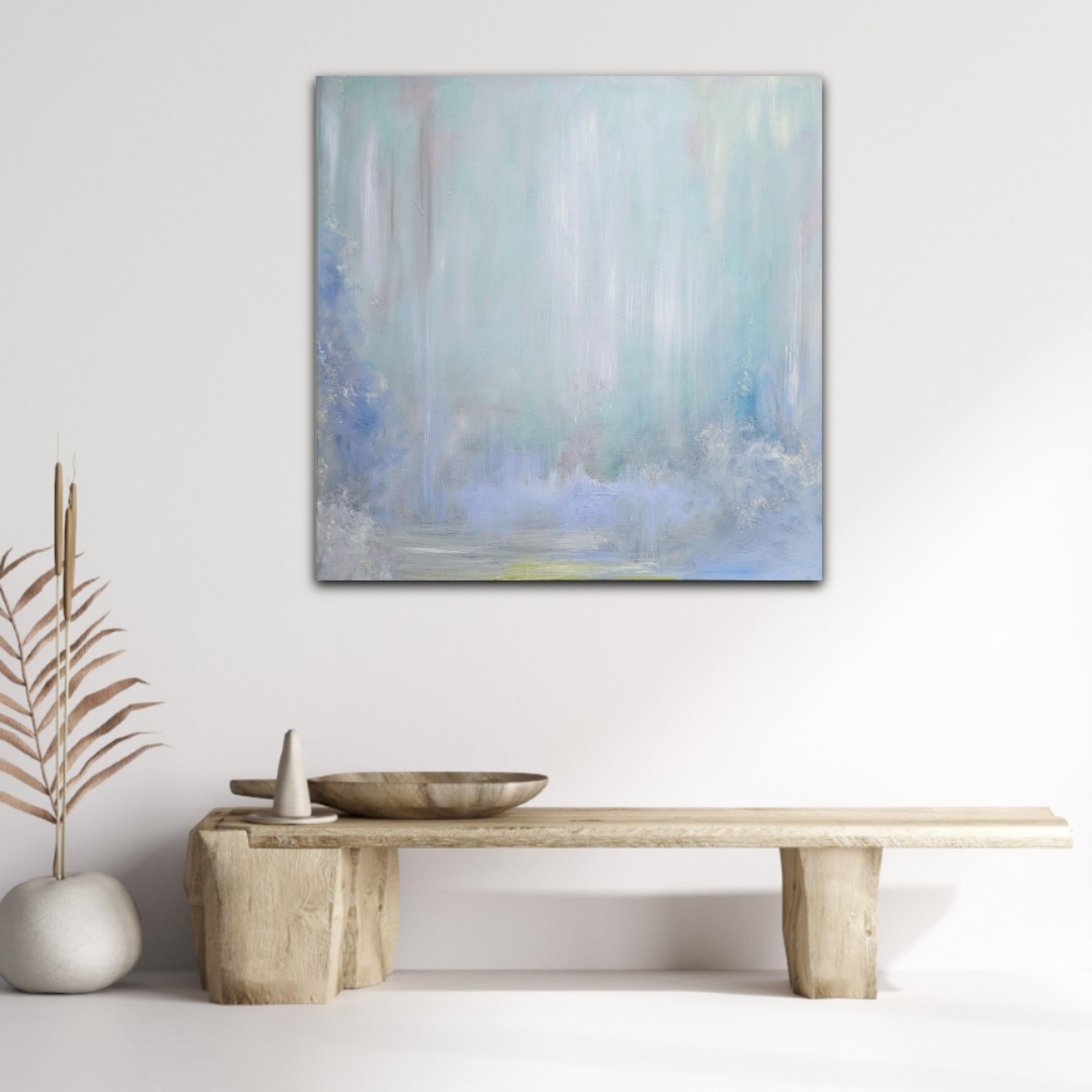 Lluvia sobre el agua - Paisaje acuático abstracto azul claro de ensueño - Painting Contemporáneo de Jennifer L. Baker