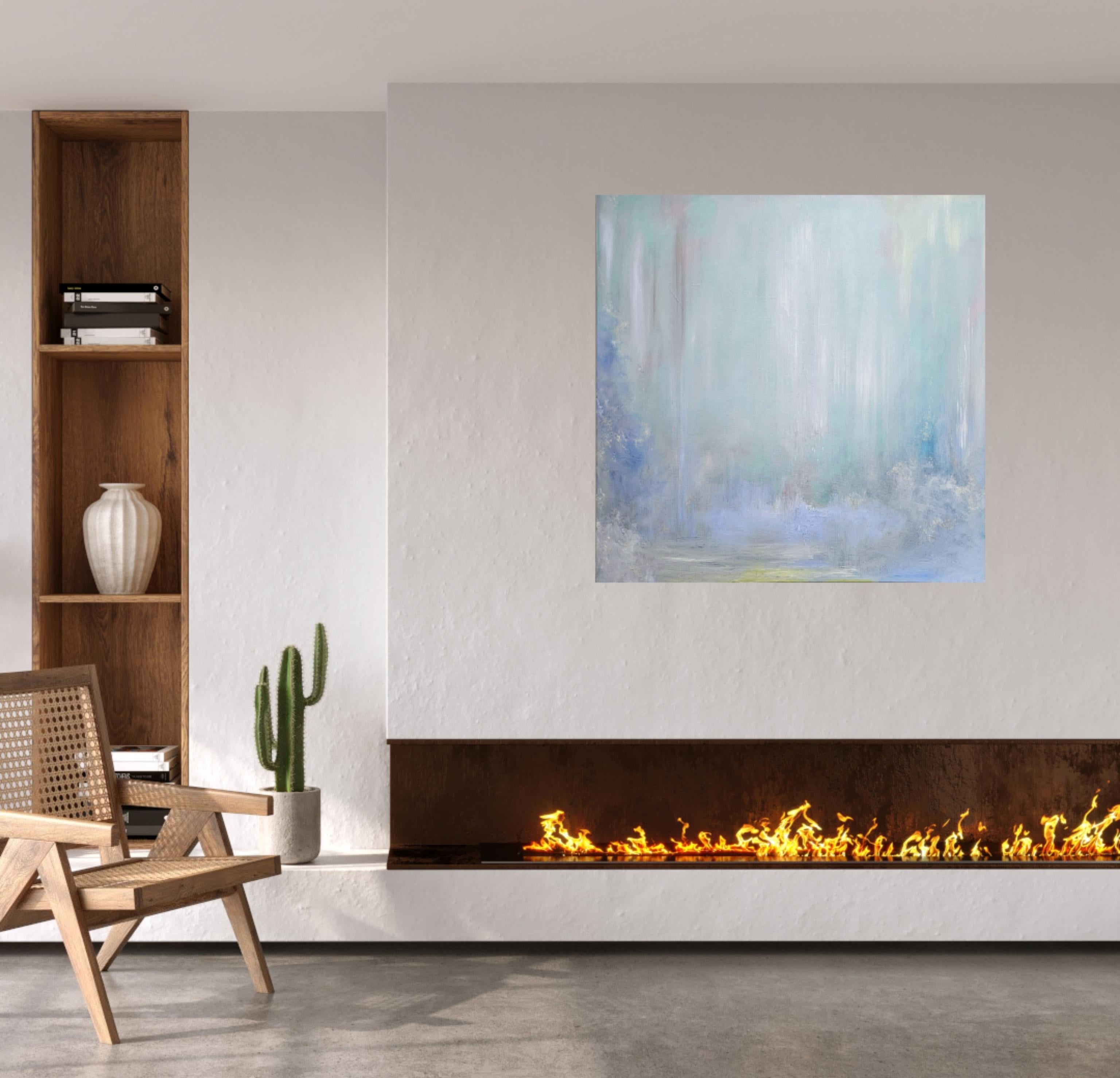 Lluvia sobre el agua - Paisaje acuático abstracto azul claro de ensueño - Abstract Painting Gris de Jennifer L. Baker