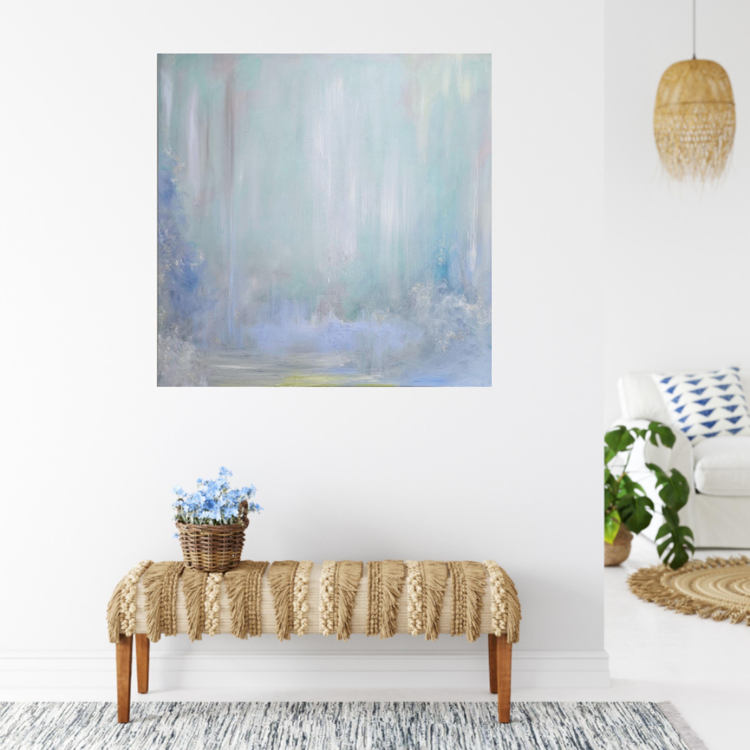 Lluvia sobre el agua - Paisaje acuático abstracto azul claro de ensueño en venta 2