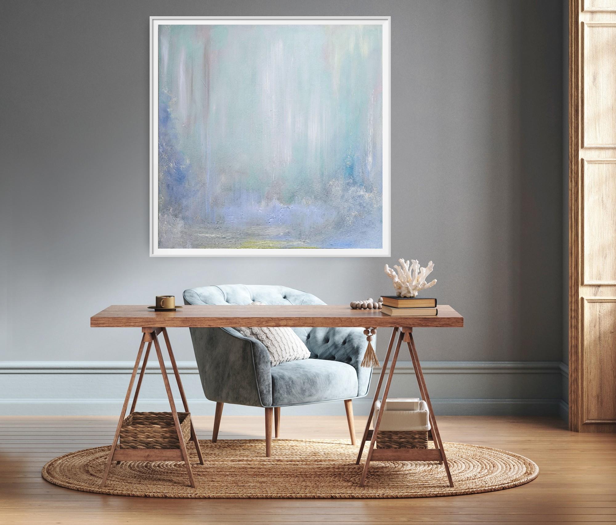 Lluvia sobre el agua - Paisaje acuático abstracto azul claro de ensueño en venta 3