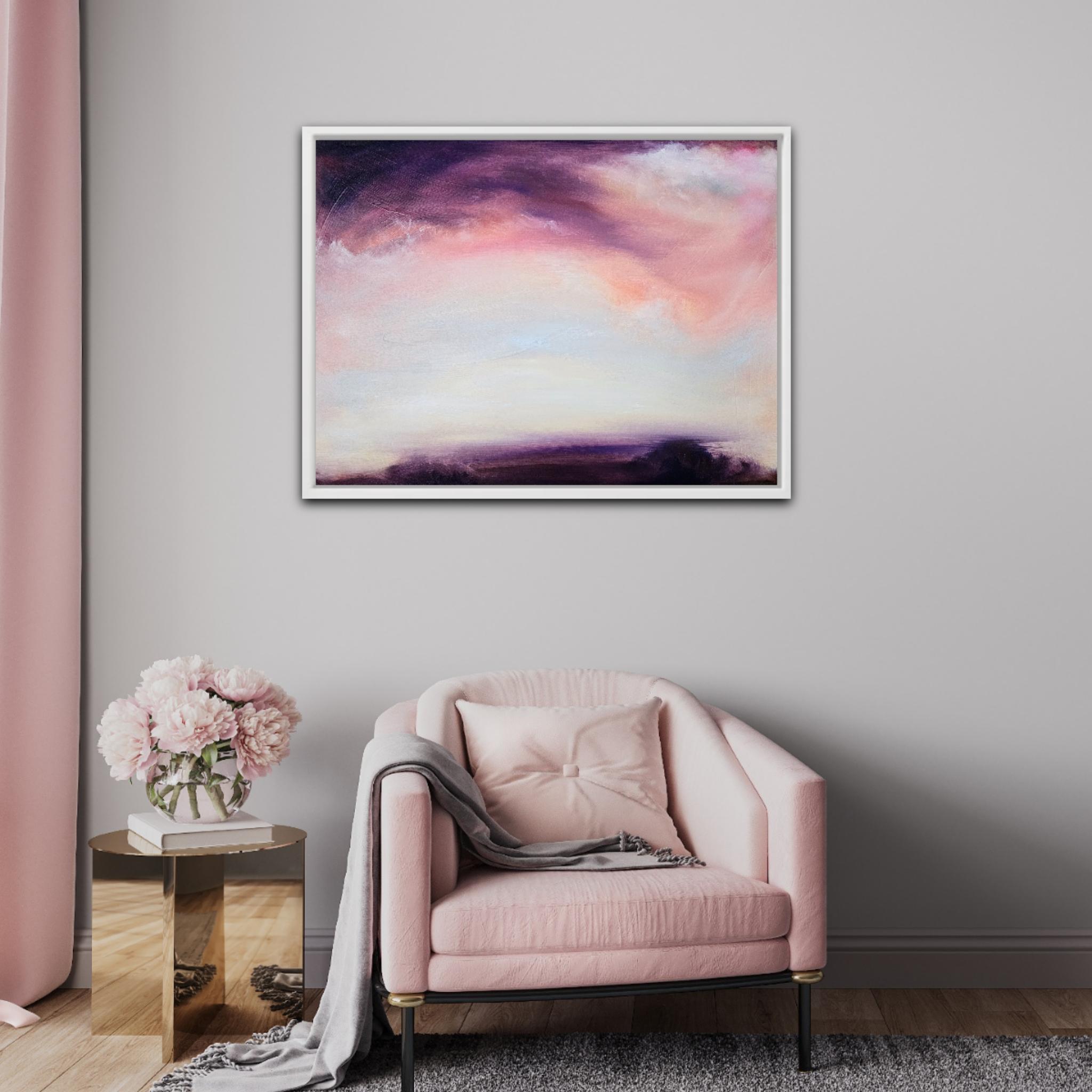 Raven's Song - Soft abstract sunset sky landscape painting For Sale 5