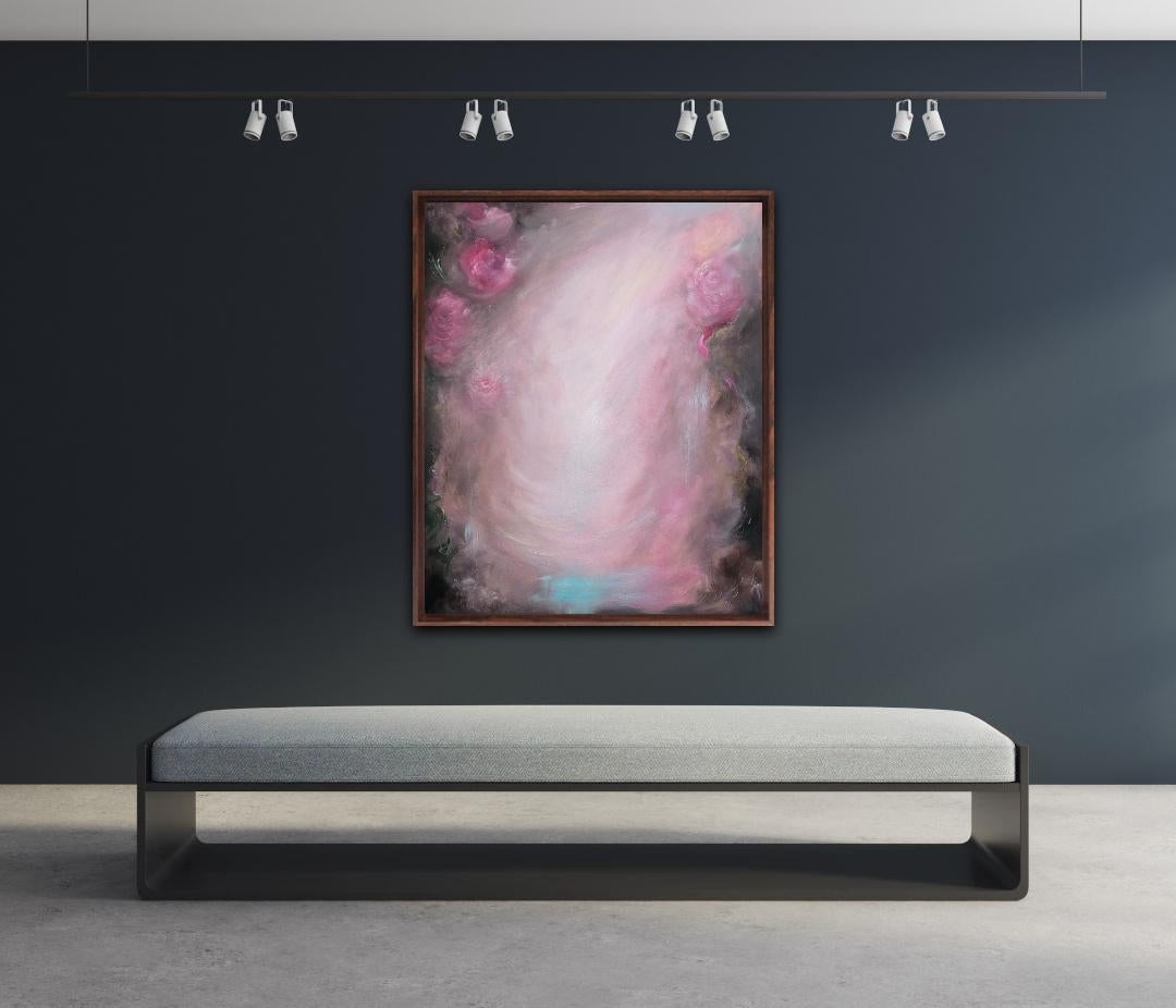 Rosas que se convierten en viento ~ Paisaje abstracto de ensueño rosa y marrón pintura floral en venta 5