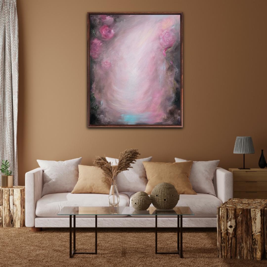 Rosas que se convierten en viento ~ Paisaje abstracto de ensueño rosa y marrón pintura floral en venta 6