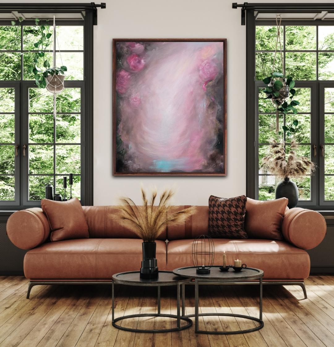 Rosas que se convierten en viento ~ Paisaje abstracto de ensueño rosa y marrón pintura floral en venta 7