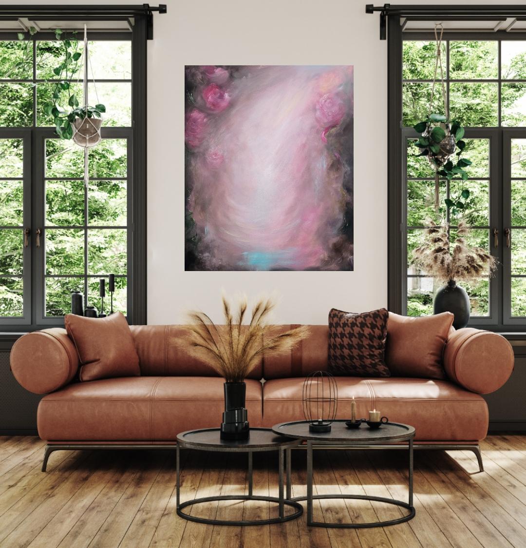 Rosas que se convierten en viento ~ Paisaje abstracto de ensueño rosa y marrón pintura floral en venta 8