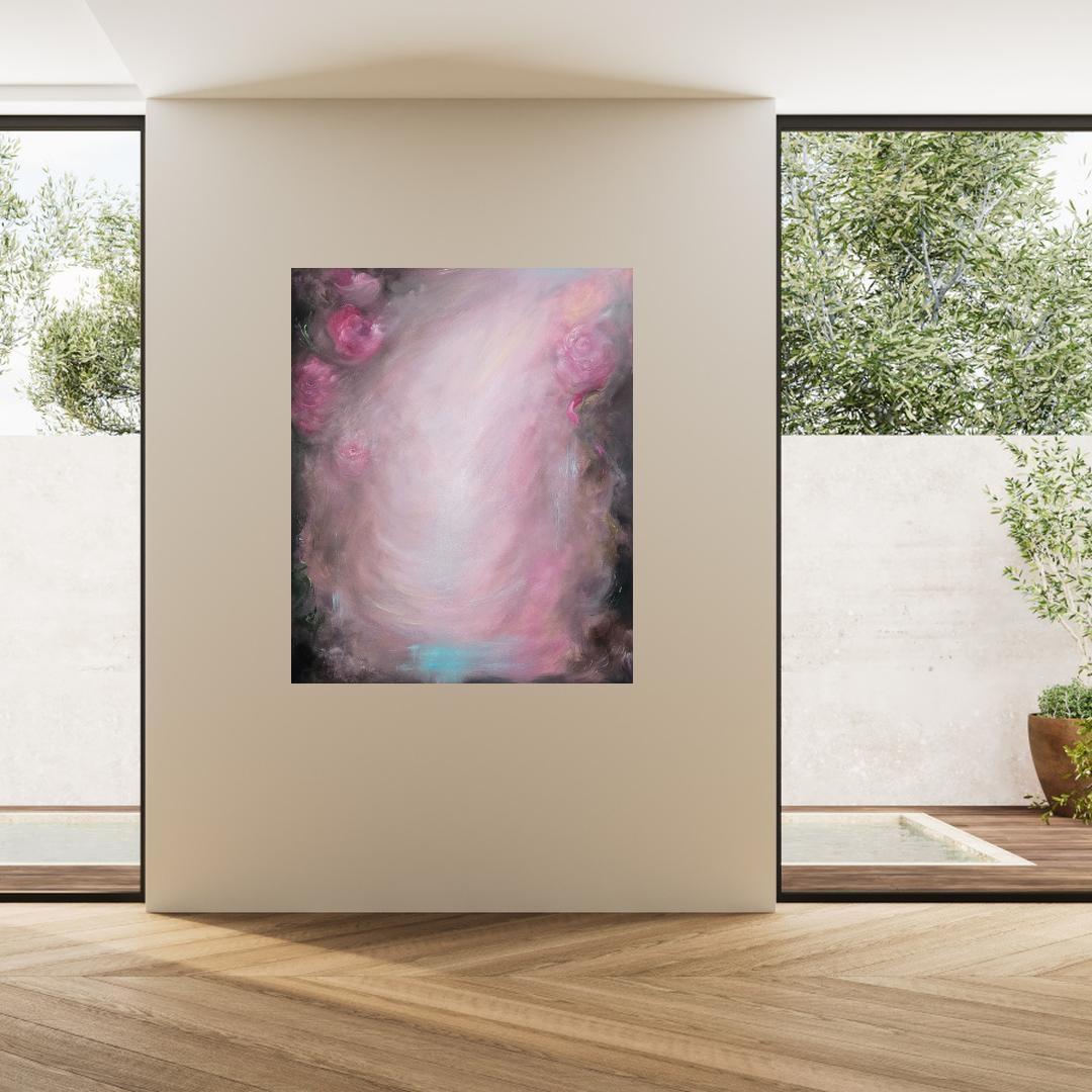 Rosas que se convierten en viento ~ Paisaje abstracto de ensueño rosa y marrón pintura floral en venta 9