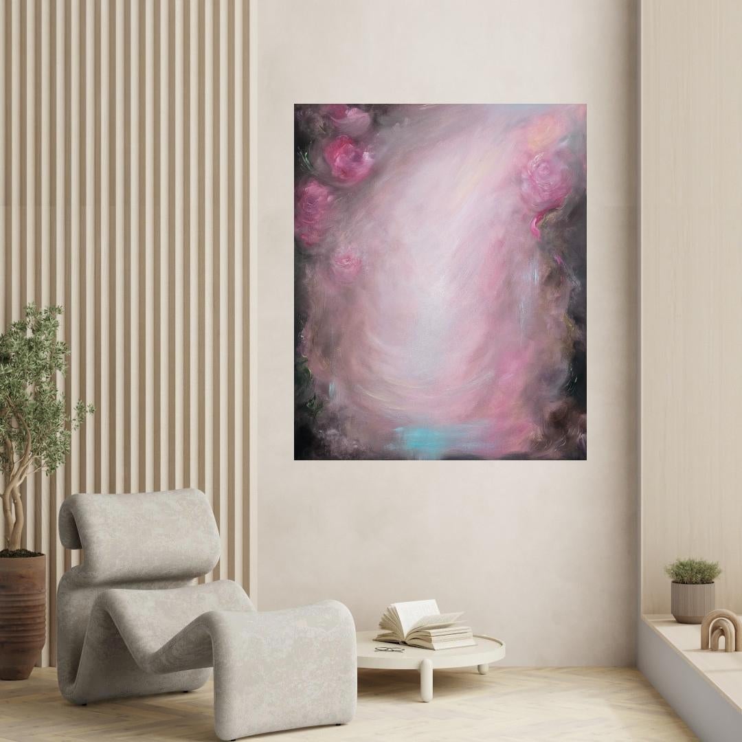 Rosas que se convierten en viento ~ Paisaje abstracto de ensueño rosa y marrón pintura floral en venta 10