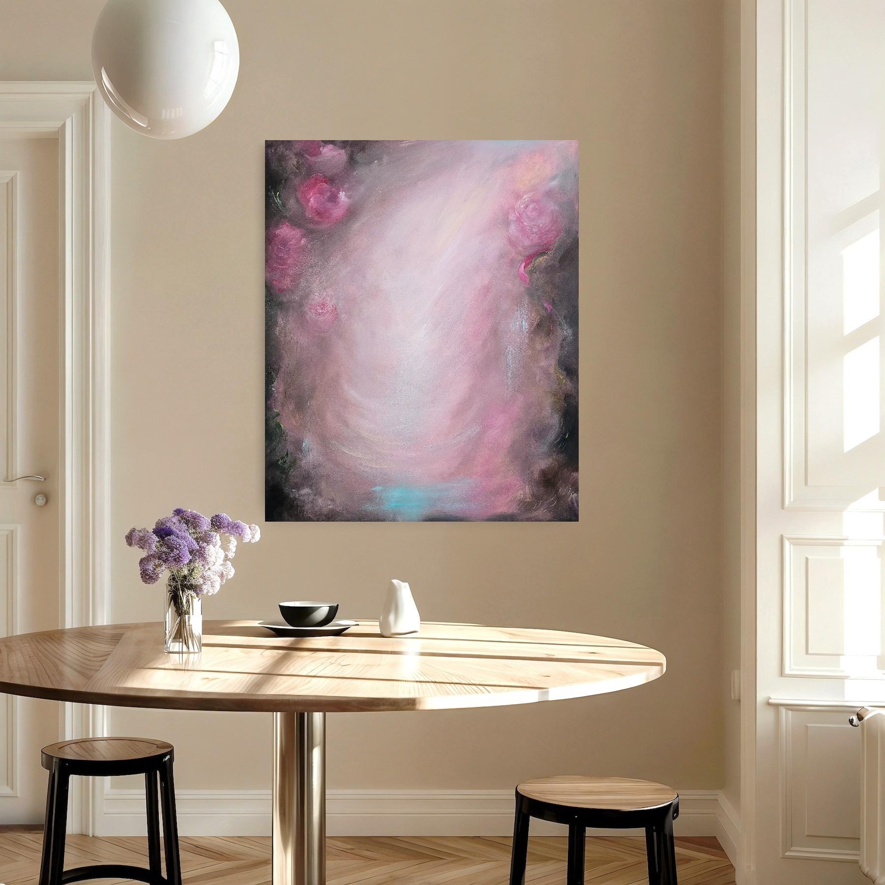 Rosas que se convierten en viento ~ Paisaje abstracto de ensueño rosa y marrón pintura floral en venta 11