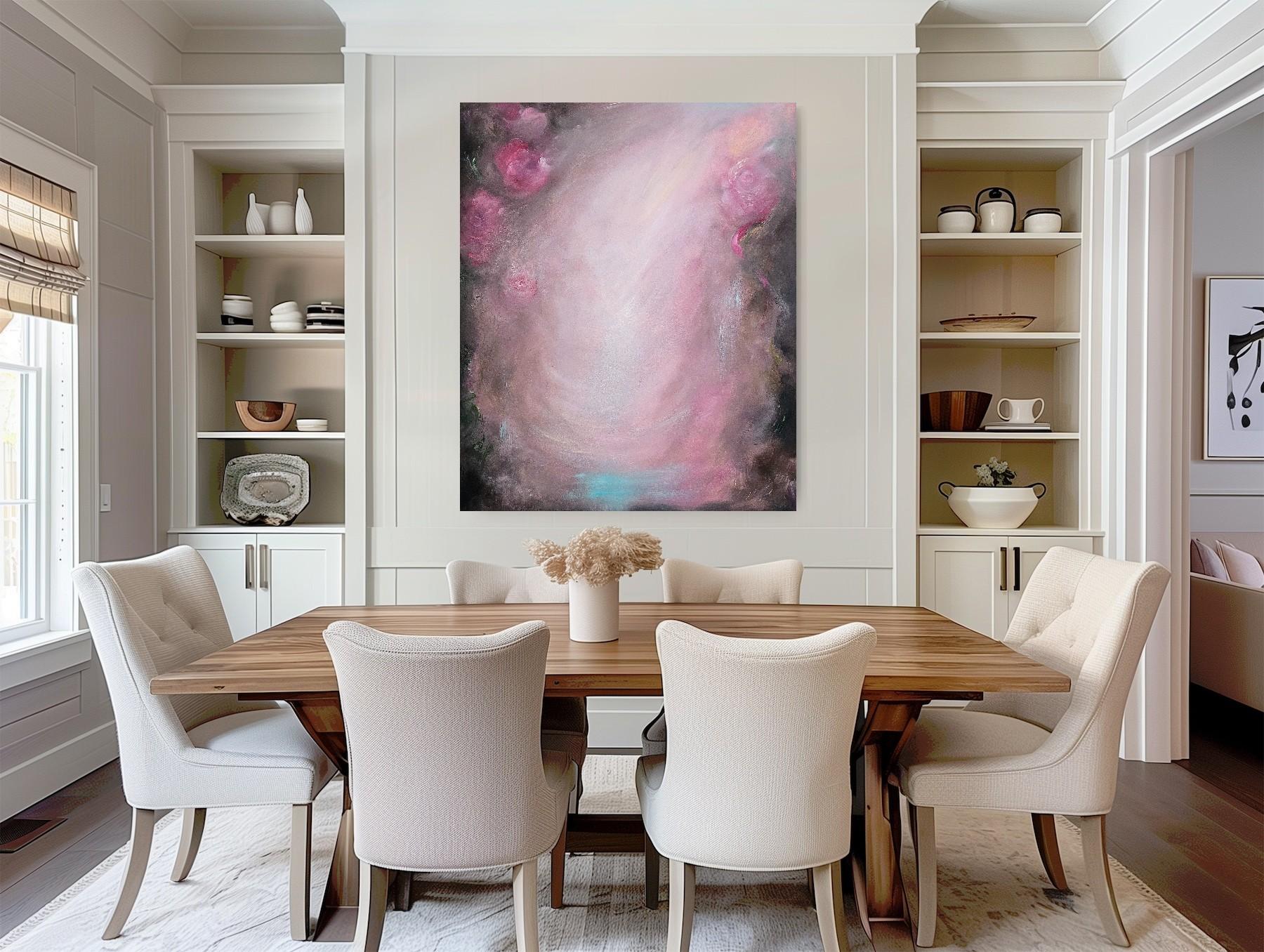 Rosas que se convierten en viento ~ Paisaje abstracto de ensueño rosa y marrón pintura floral en venta 12