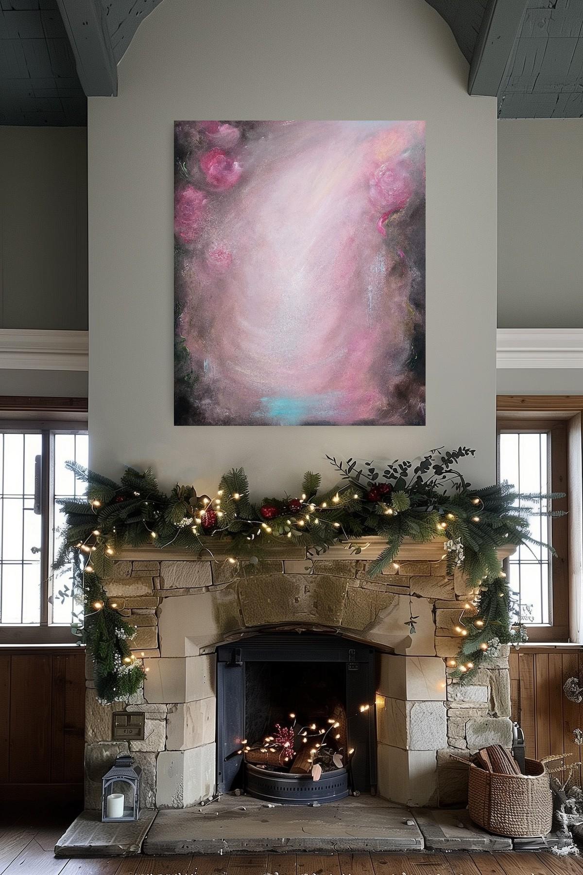 Rosas que se convierten en viento ~ Paisaje abstracto de ensueño rosa y marrón pintura floral - Painting de Jennifer L. Baker