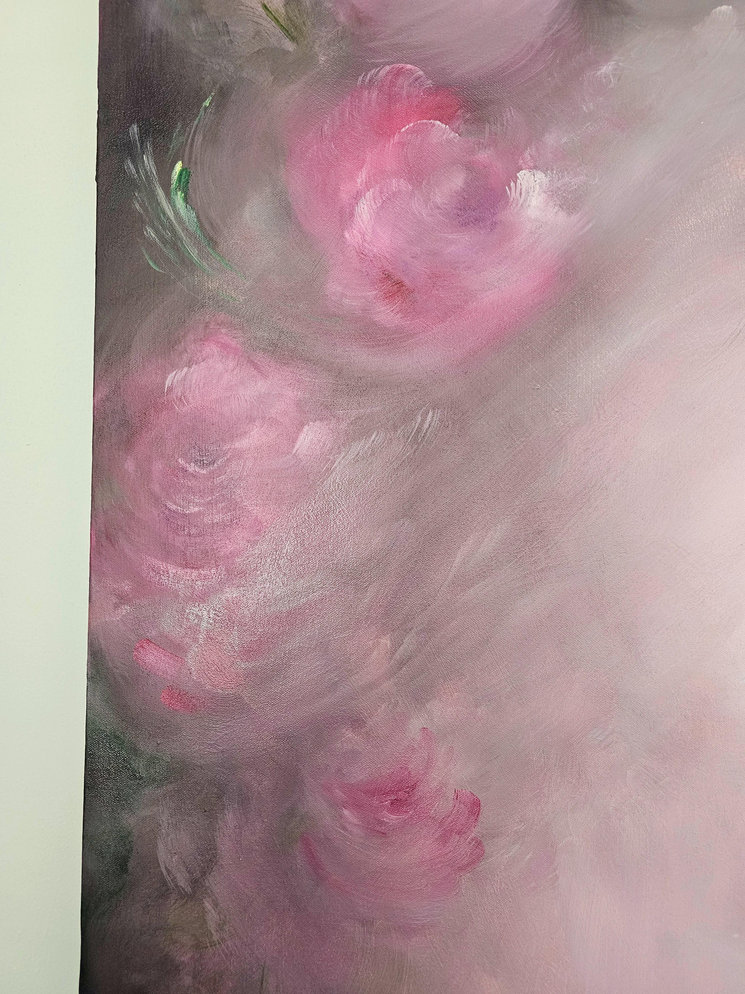Rosas que se convierten en viento ~ Paisaje abstracto de ensueño rosa y marrón pintura floral en venta 15