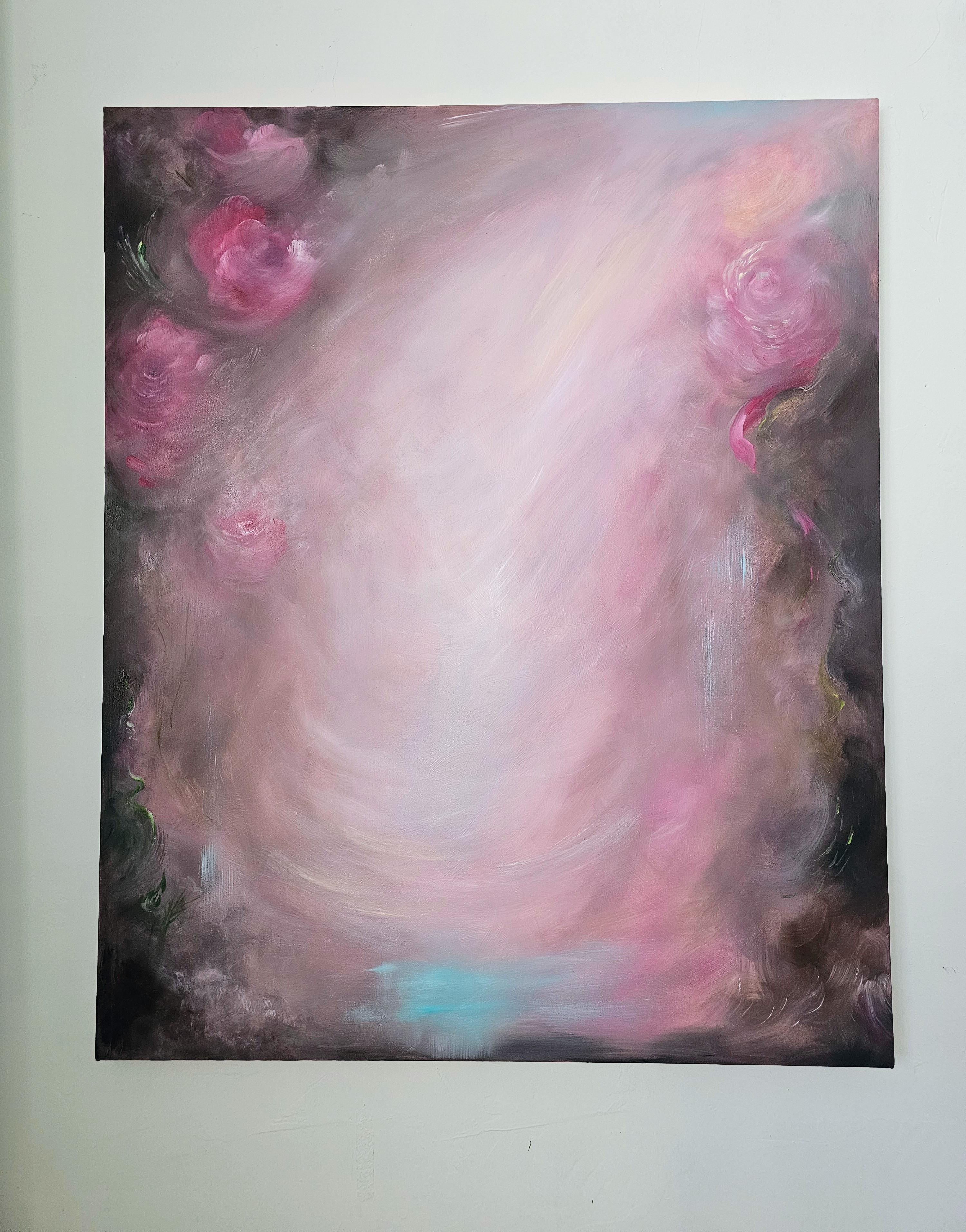 Rosas que se convierten en viento ~ Paisaje abstracto de ensueño rosa y marrón pintura floral - Painting Contemporáneo de Jennifer L. Baker