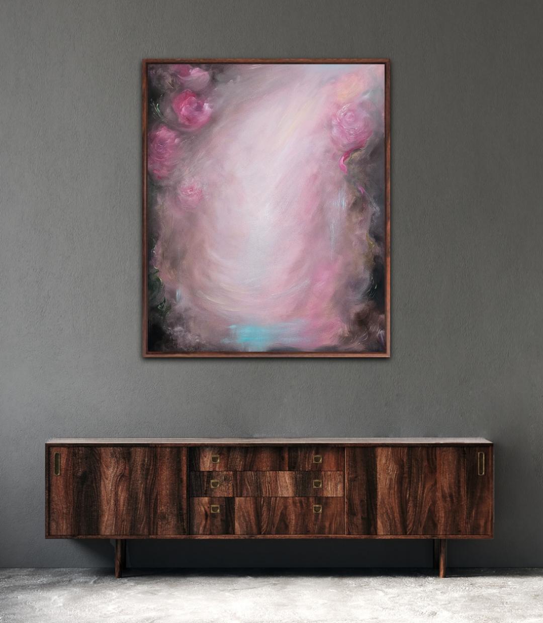 Rosas que se convierten en viento ~ Paisaje abstracto de ensueño rosa y marrón pintura floral - Landscape Painting Gris de Jennifer L. Baker